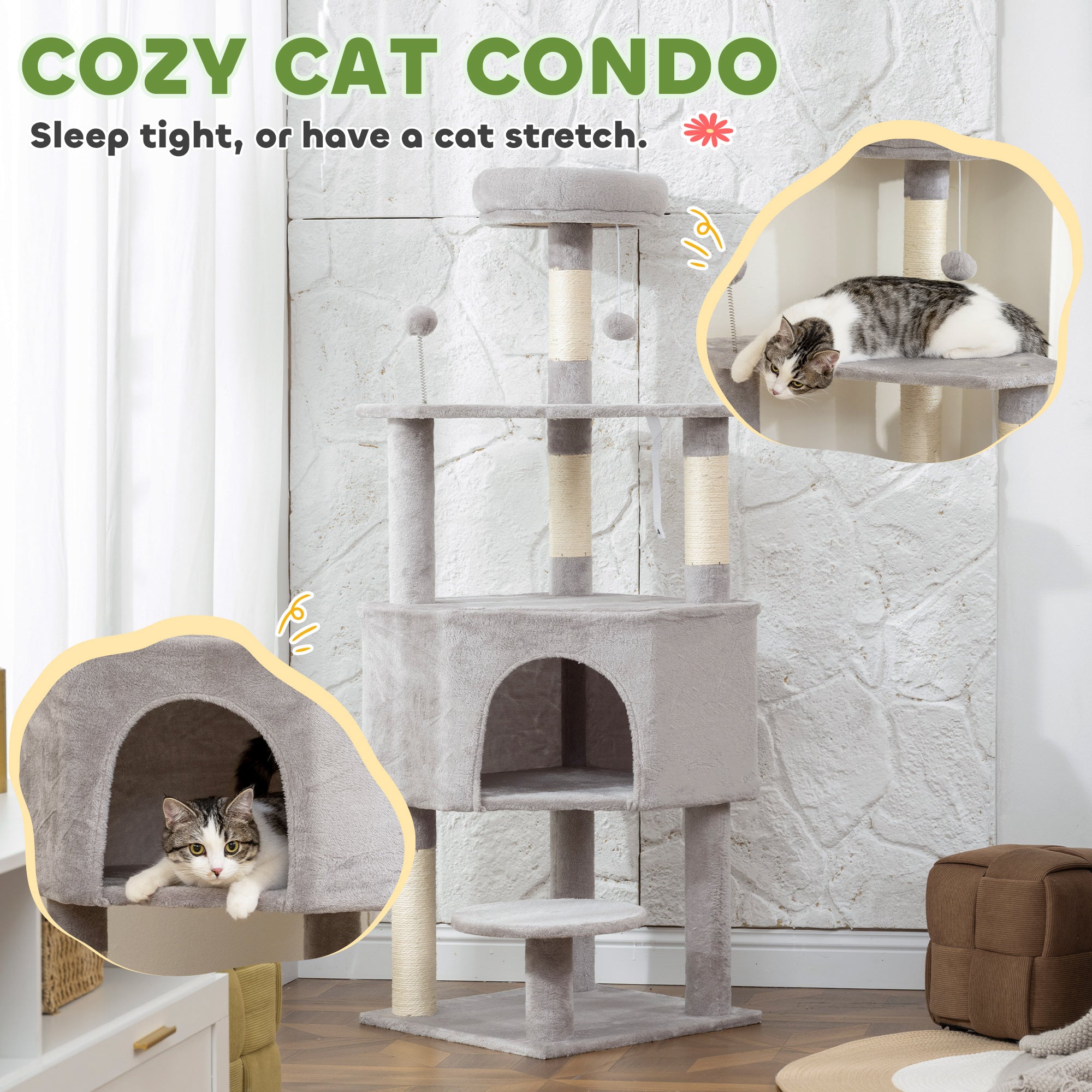 54 Inch Cat Tree with Large Condo, Top Perch, Sisal Scratching Posts, Dangling Toy Ball,Light Grey