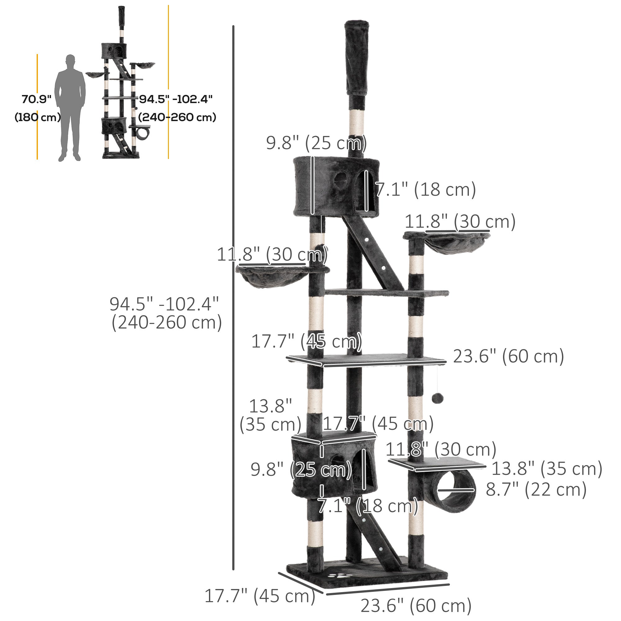 94"-102" Floor to Ceiling Cat Tree High Cat Condo Scratching Post Activity Center Multi-Level Play House Dark Grey