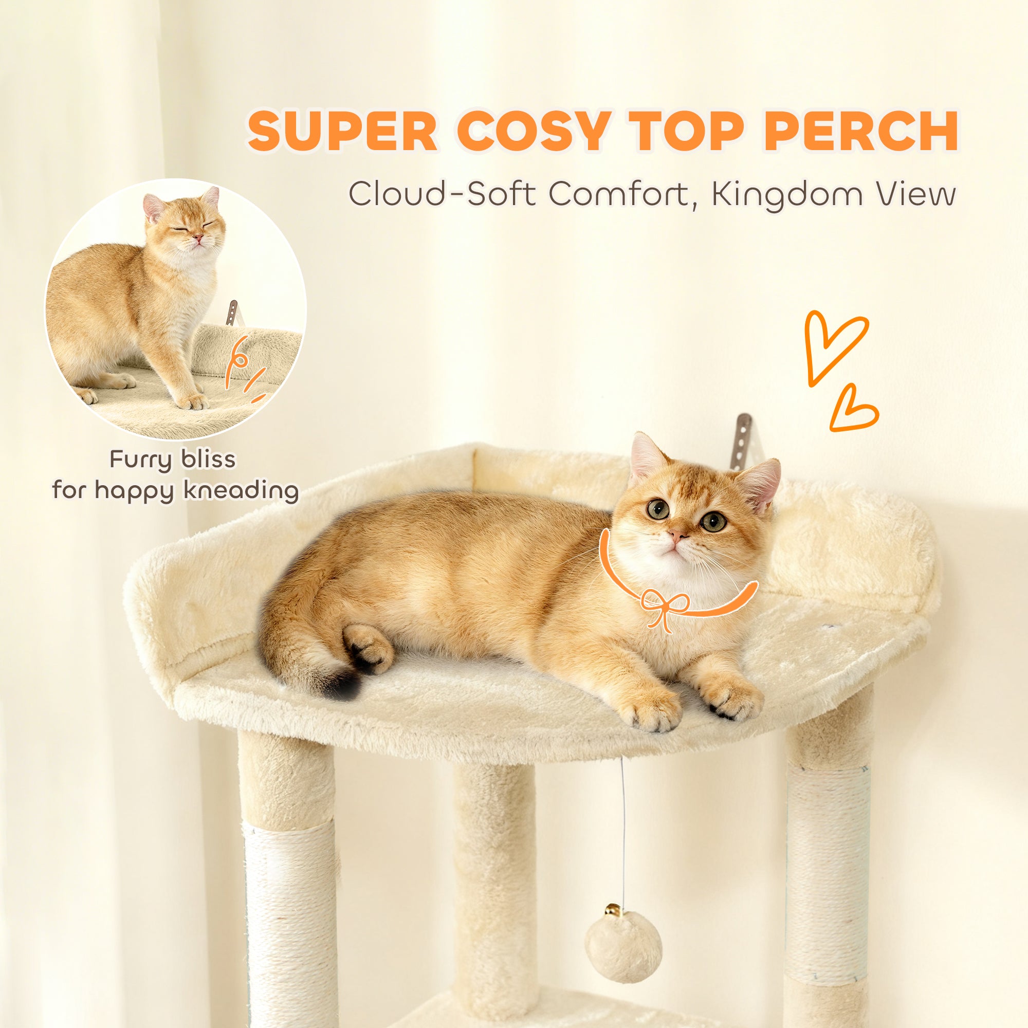 67" Large Cat Tree with 7 Scratching Posts, Tunnel, 2 Condos, Hammock, Perch, Ramp, Pompoms, Beige