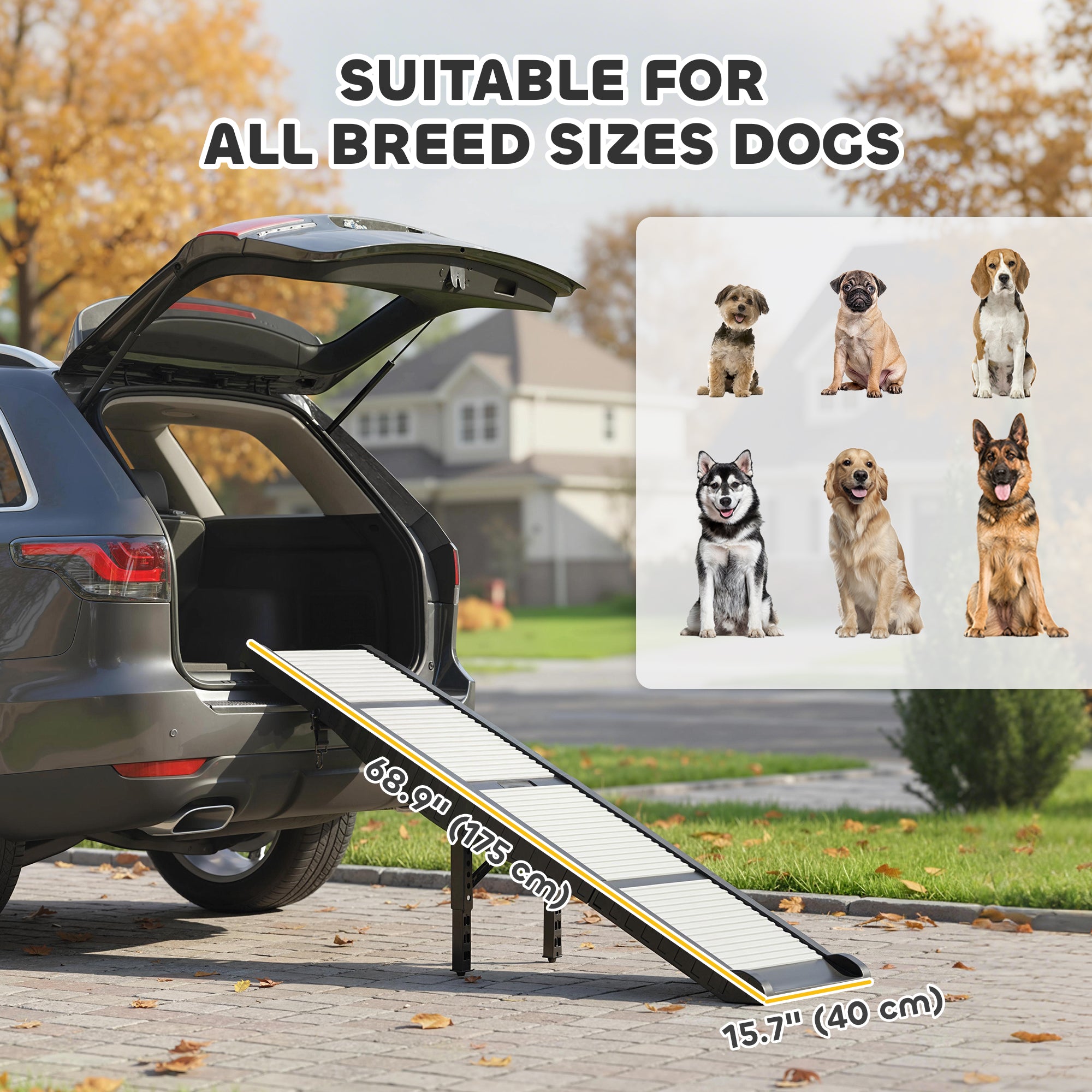 Foldable Dog Car Ramp with Support Leg, Non-Slip TPR Surface, 69" x 15.7", for Small to Large Dogs Up to 220LBS