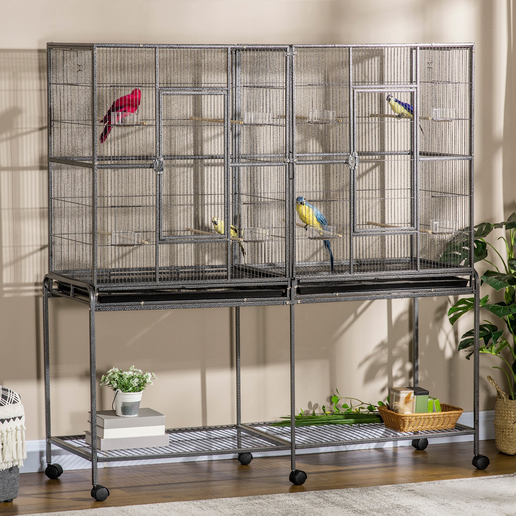 64" Extra Large Bird Cage, Rolling Metal Parrot Cage, Bird House with Detachable Rolling Stand, Storage Shelf, Wood Perch, Food Container, 62.8" x 18.9" x 64.2", Black