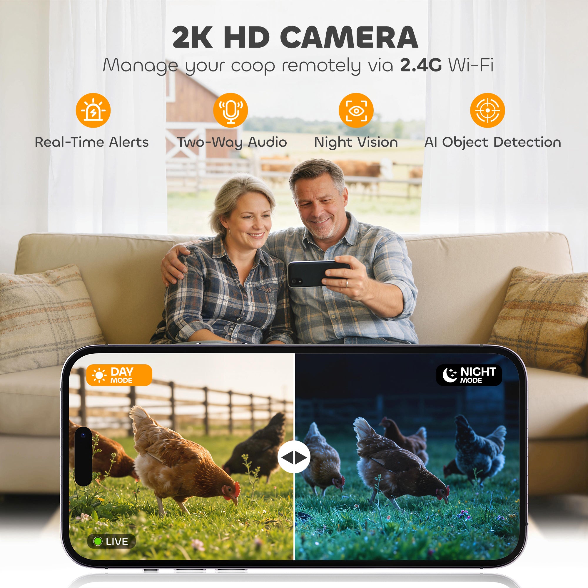 2K HD AI Camera Automatic Chicken Coop Door with APP, WiFi Solar Powered with 5200 mAh Large Battery, Alarm Driver