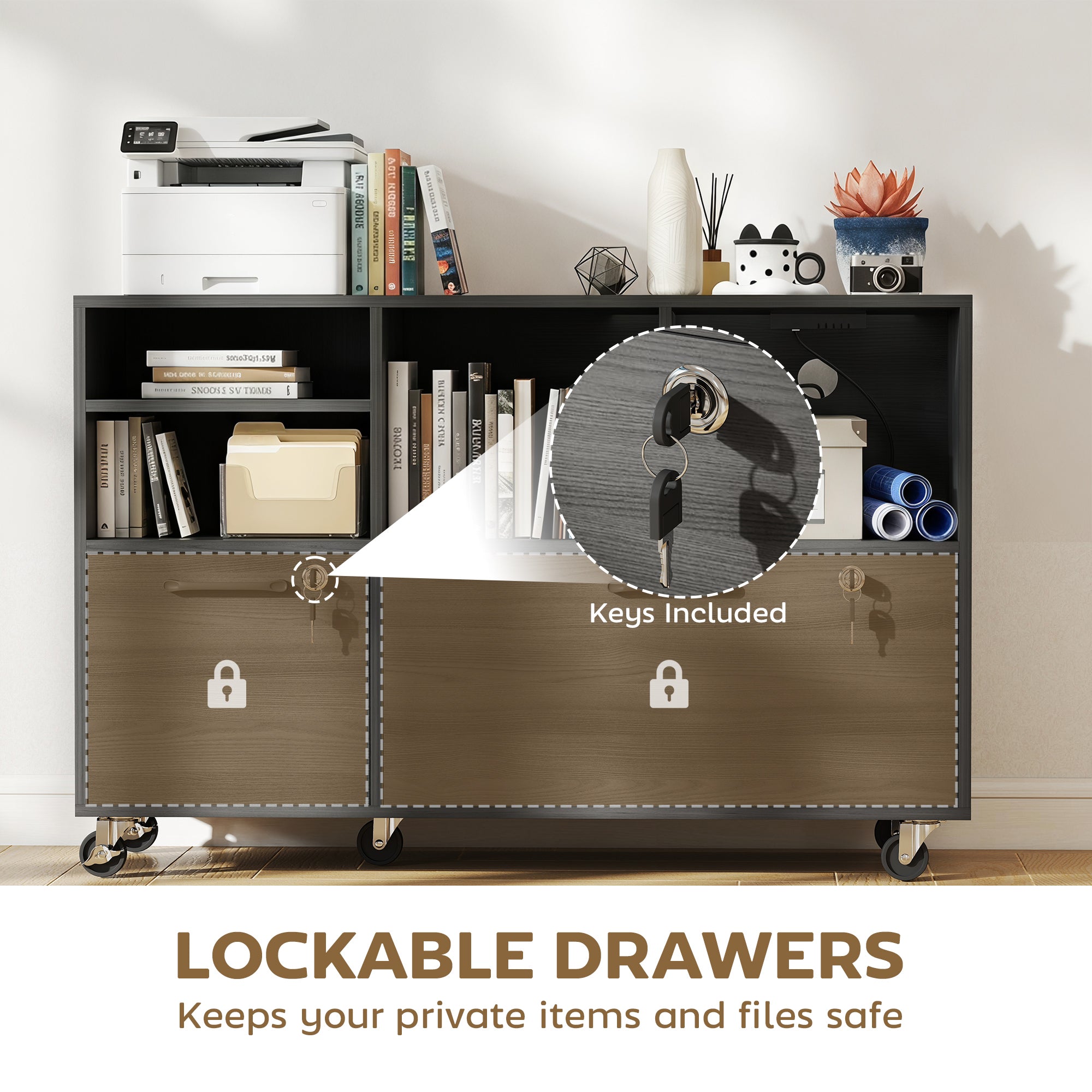2-Drawer Mobile File Cabinet with Charging Station - Black