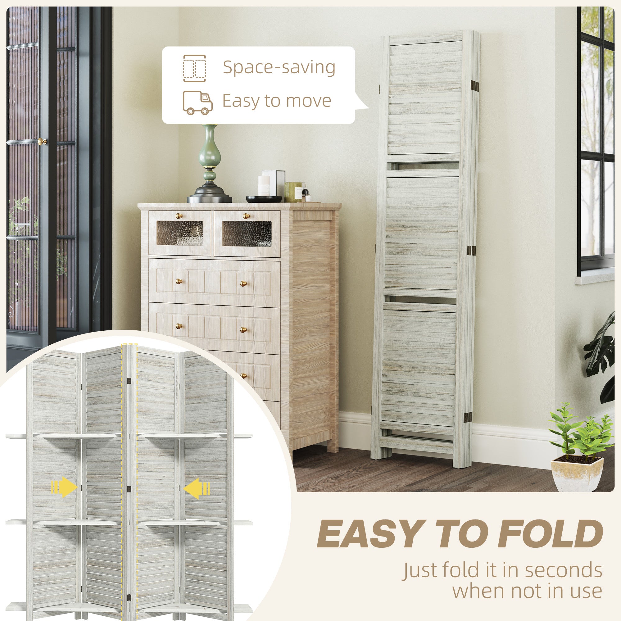 4-Panel Wall Partition Room Separator with 3 Storage Shelves Foldable Design Wooden Frame 5.6FT Distressed White
