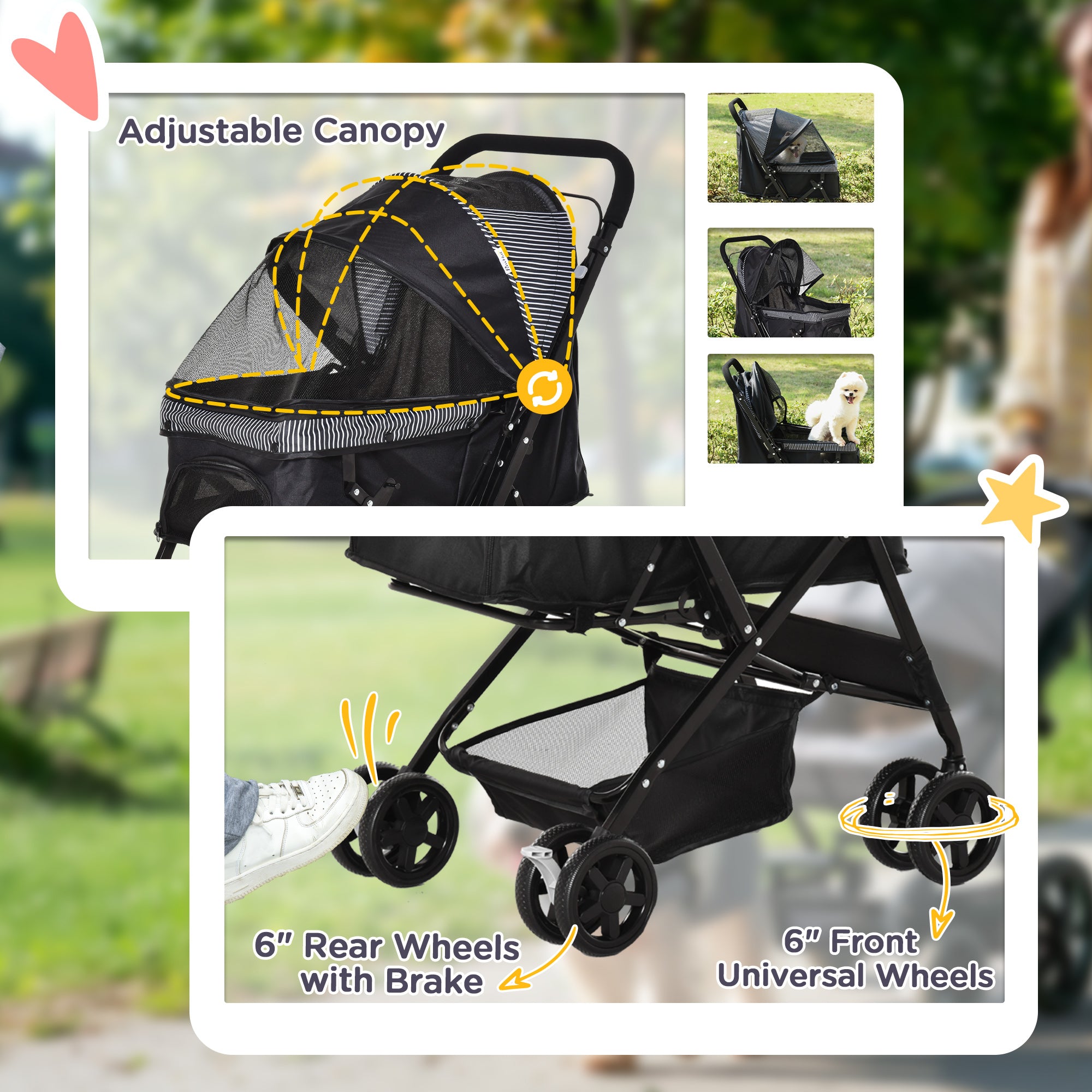 Foldable Cat Dog Travel Carriage, 4 Wheels Pet Stroller with EVA Wheel Brake, 3-stage Canopy, Mesh Window Door, Black
