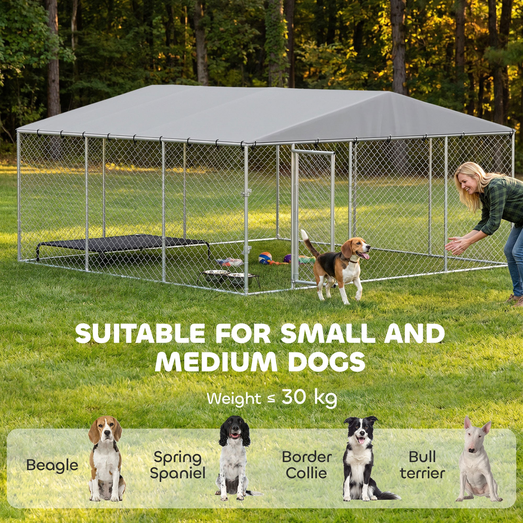 13.1' x 13.1' x 6.6' Outdoor Dog Kennel Heavy Duty Galvanized Steel Chain Link with UV-resistant Roof, Silver