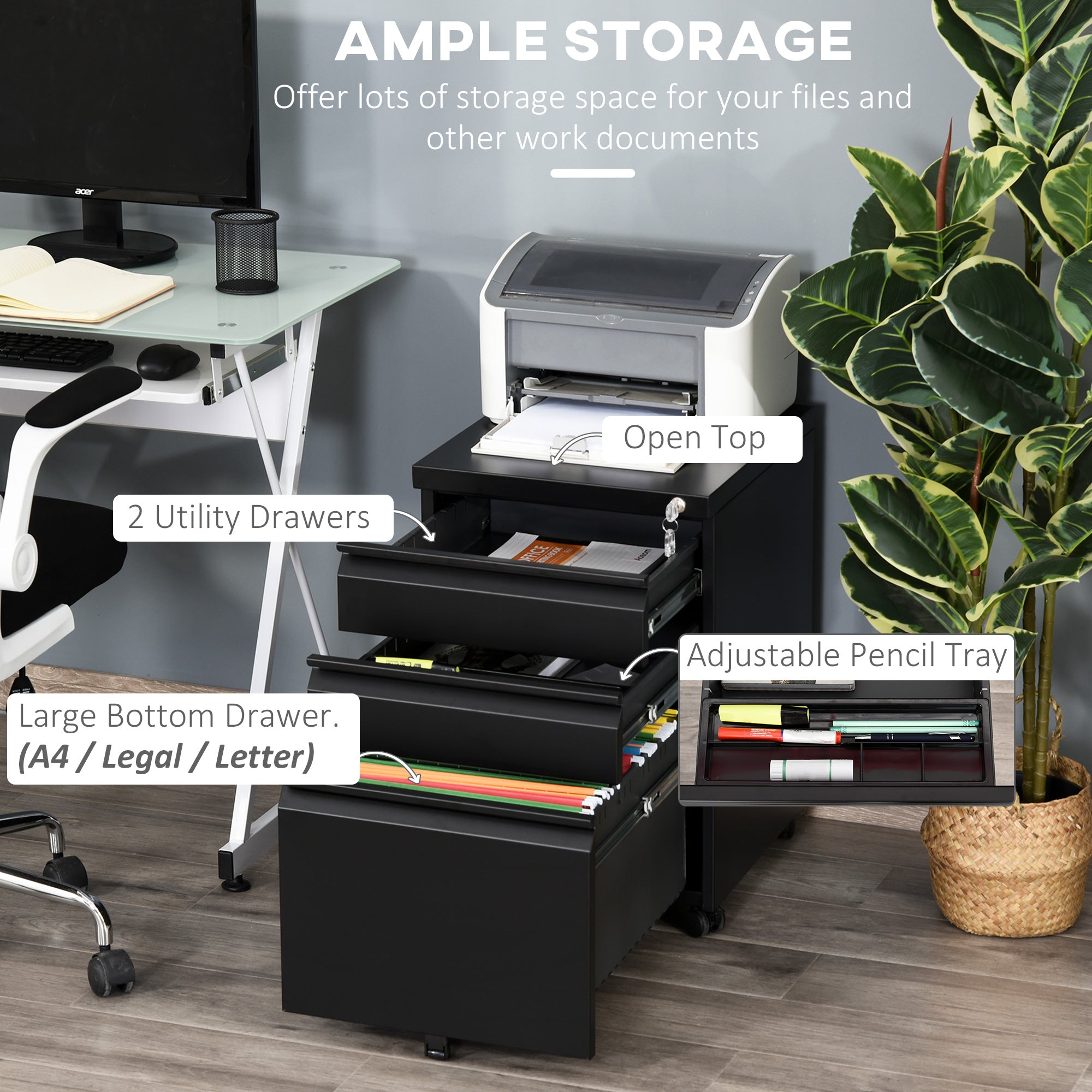 3-Drawer Lockable Steel Filing Cabinet on Wheels - Black
