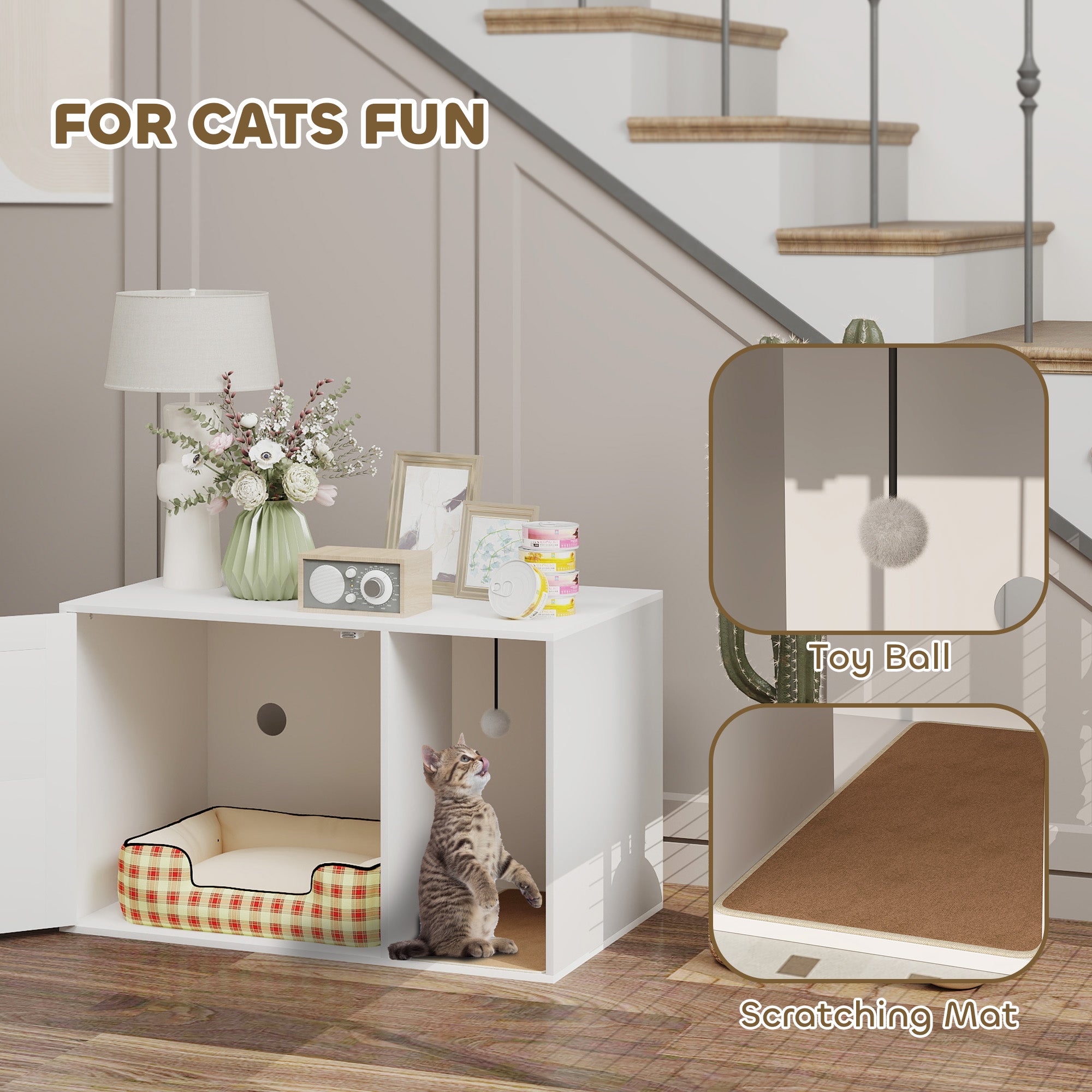 Cat Litter Box Enclosure, Cat Washroom End Side Table with Rattan Door, Scratching Pad, Non-slip Foot Pads, White