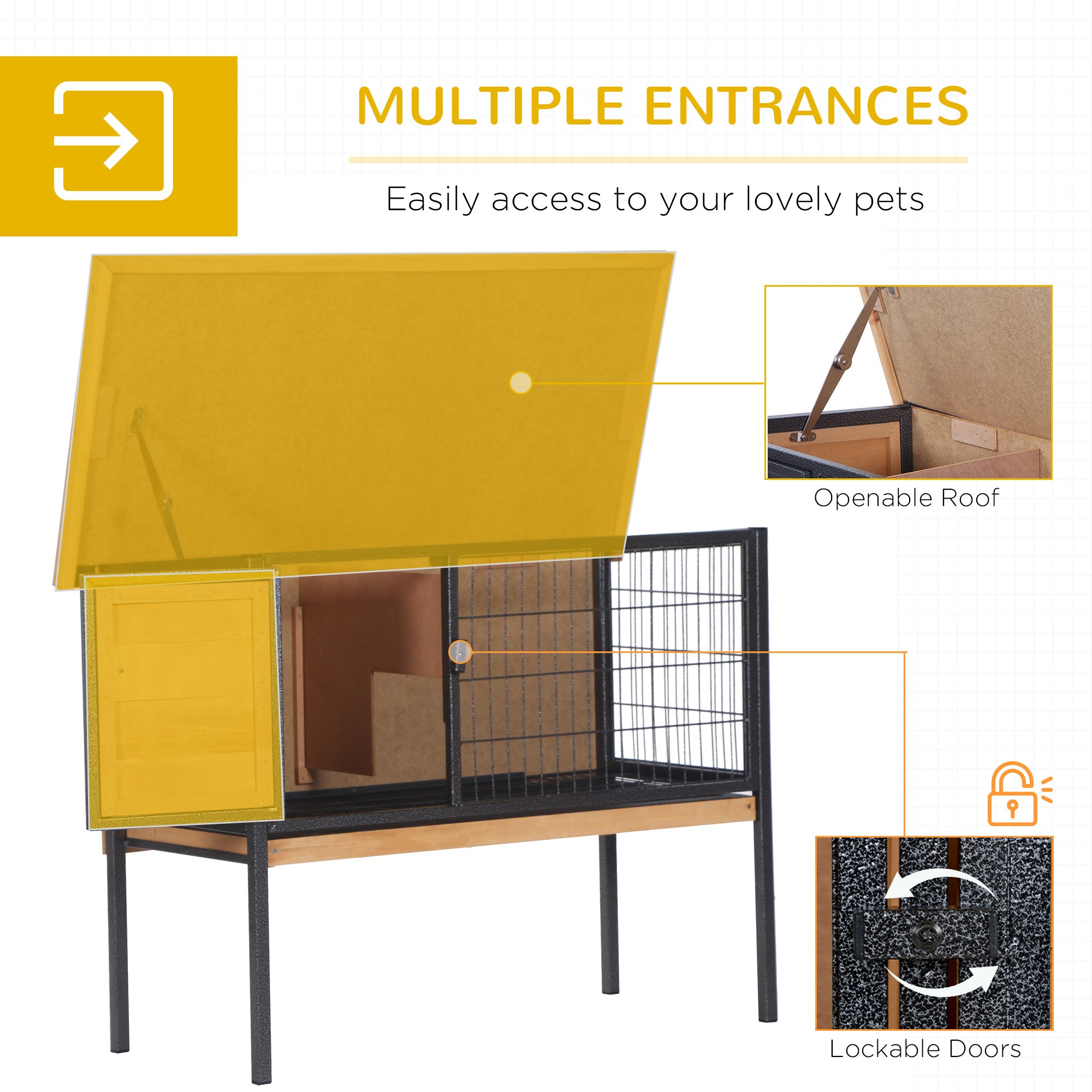 Rabbit Hutch, Wooden Bunny Cage Indoor Outdoor Bunny Hutch with Tray and Openable Water-Resistant Roof, Yellow