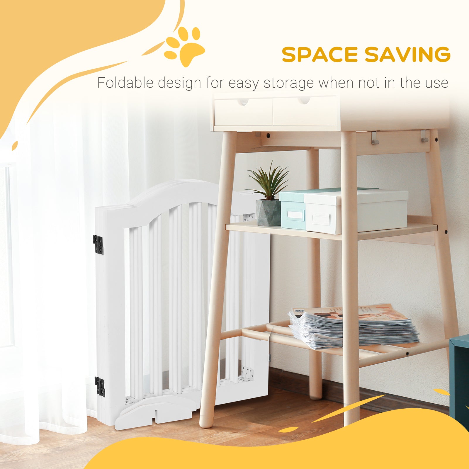24"H Foldable Dog Gate, 3 Panels Freestanding Pet Gate Barriers Indoor with Support Feet, Puppy Fence for Small Dogs, White