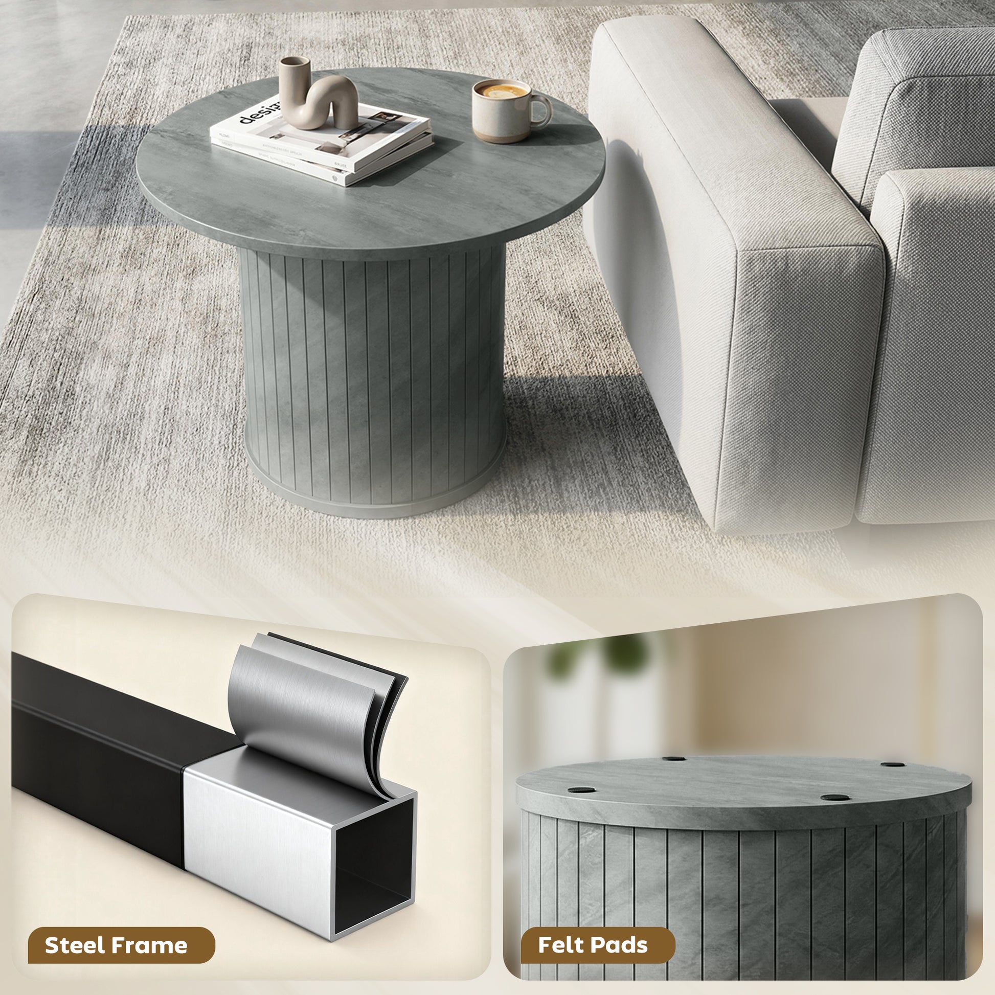 Round Coffee Table, 24" Center Table, Cement Grey-Home Furnishings > Living Room Furniture > Coffee Tables-DECOROLALA