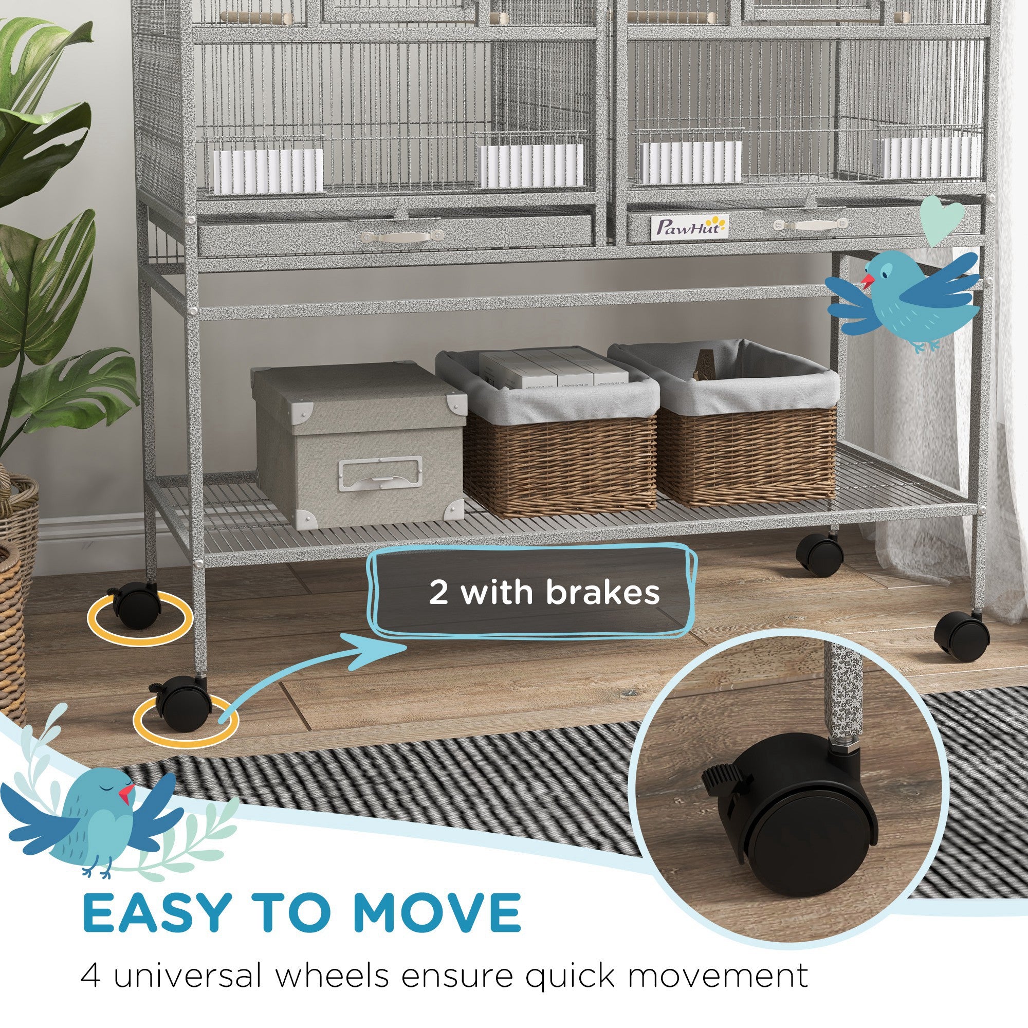 Grande cage à oiseaux métallique double à roulettes avec maison pour oiseaux, plateau amovible et étagère de rangement
