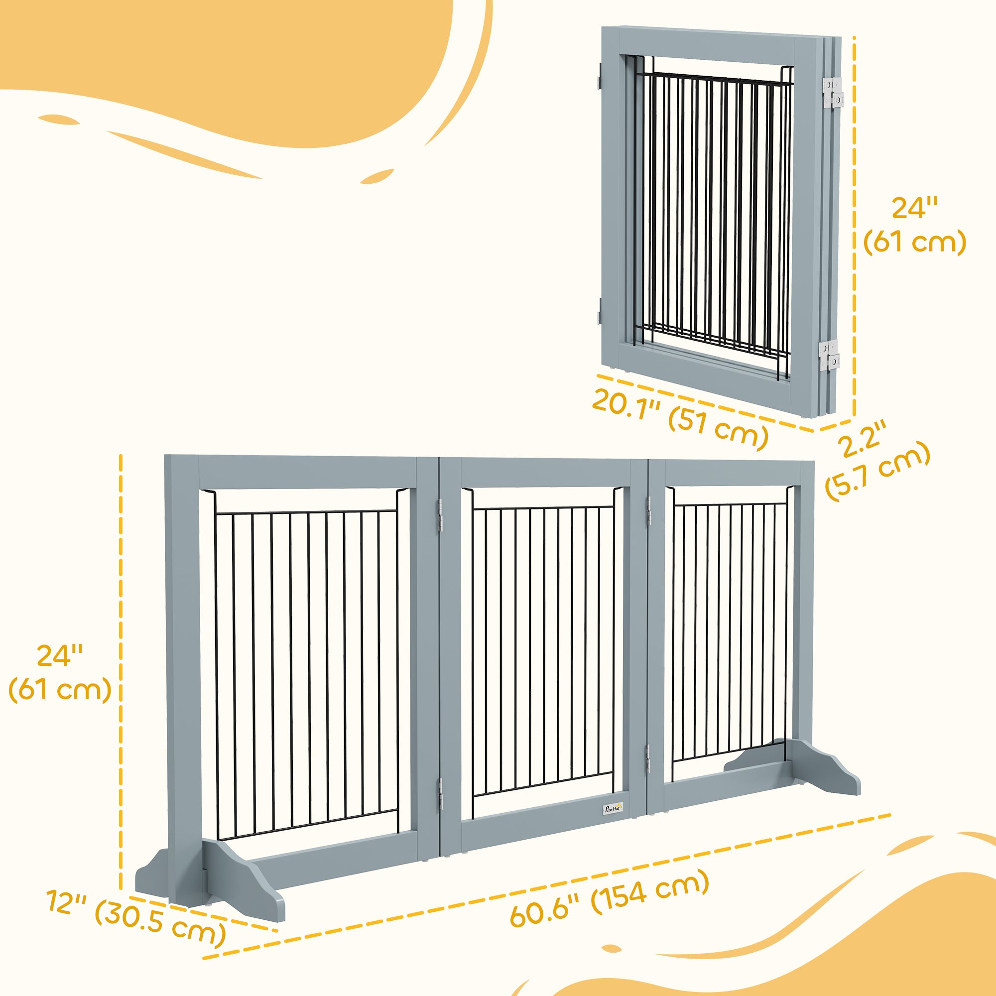 Freestanding Pet Gate, Folding Dog Gate with 2 Support Feet, 24" High, 3 Panels, for Small Dogs, Indoor Use - Grey