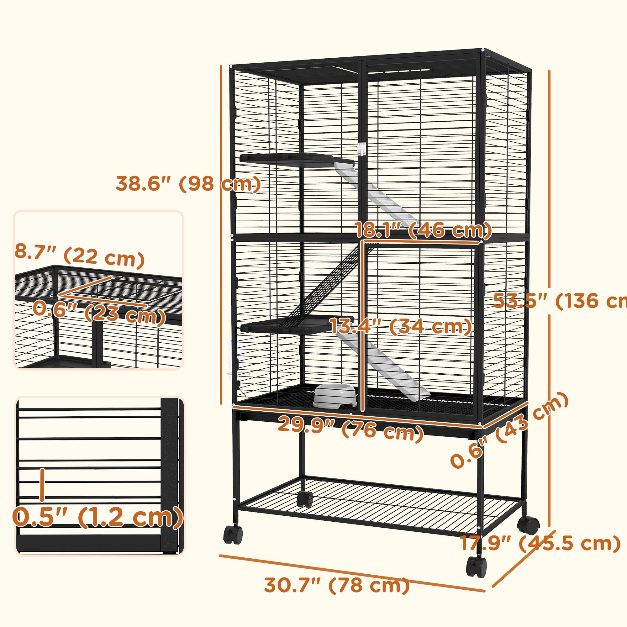 Rolling Small Animal Cage 54"H Chinchilla Cage for Ferrets, Squirrels w/ Removable Tray, Storage Shelf, Black