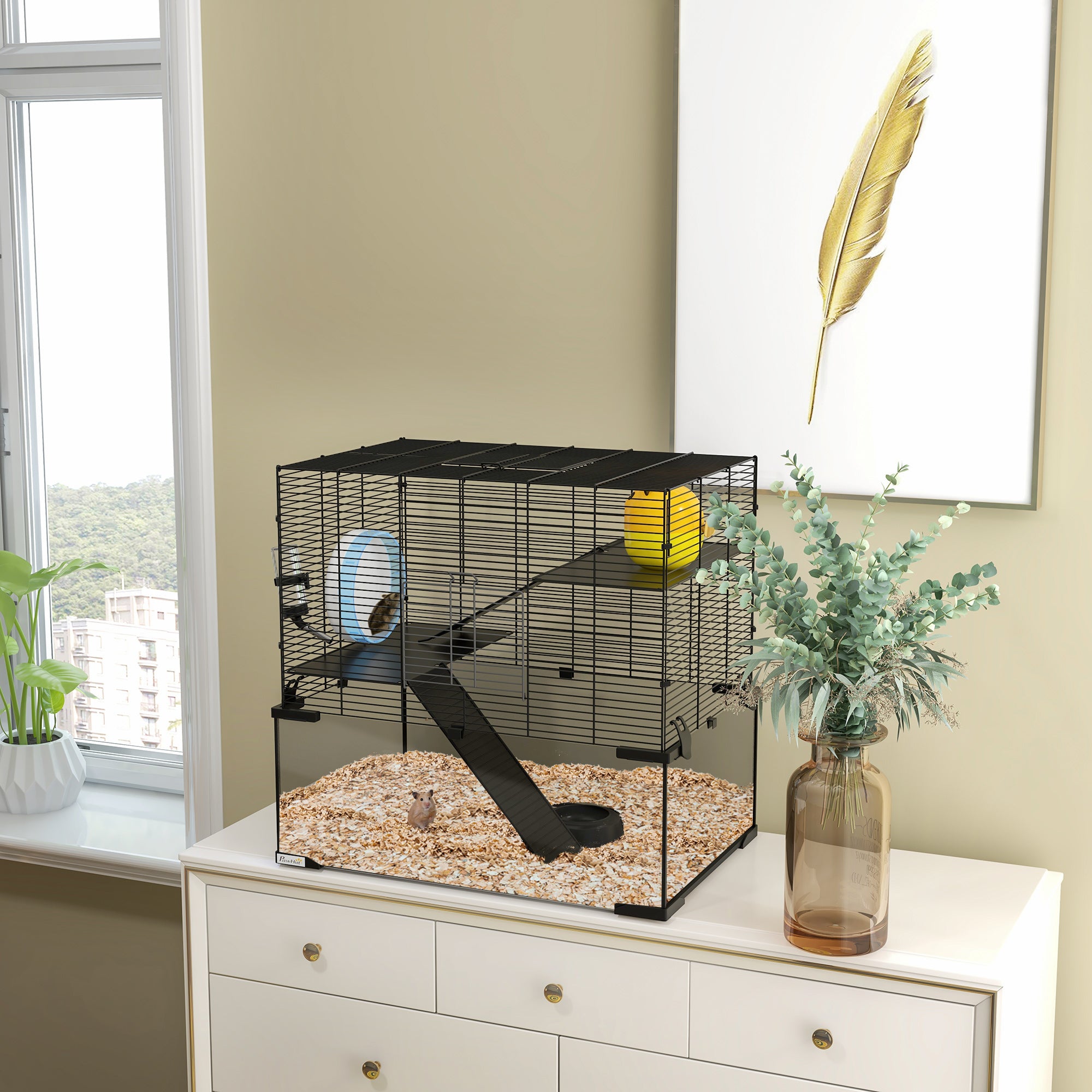 Hamster Cage, Gerbil Cage with Glass Basin for Small Hamsters, Black