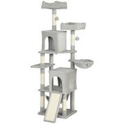 Cat Tree, 70" Multi-Level Cat Tower with 2 Condos, 2 Beds, Hammock, Toy Balls, Scratching Posts and Board, Light Grey