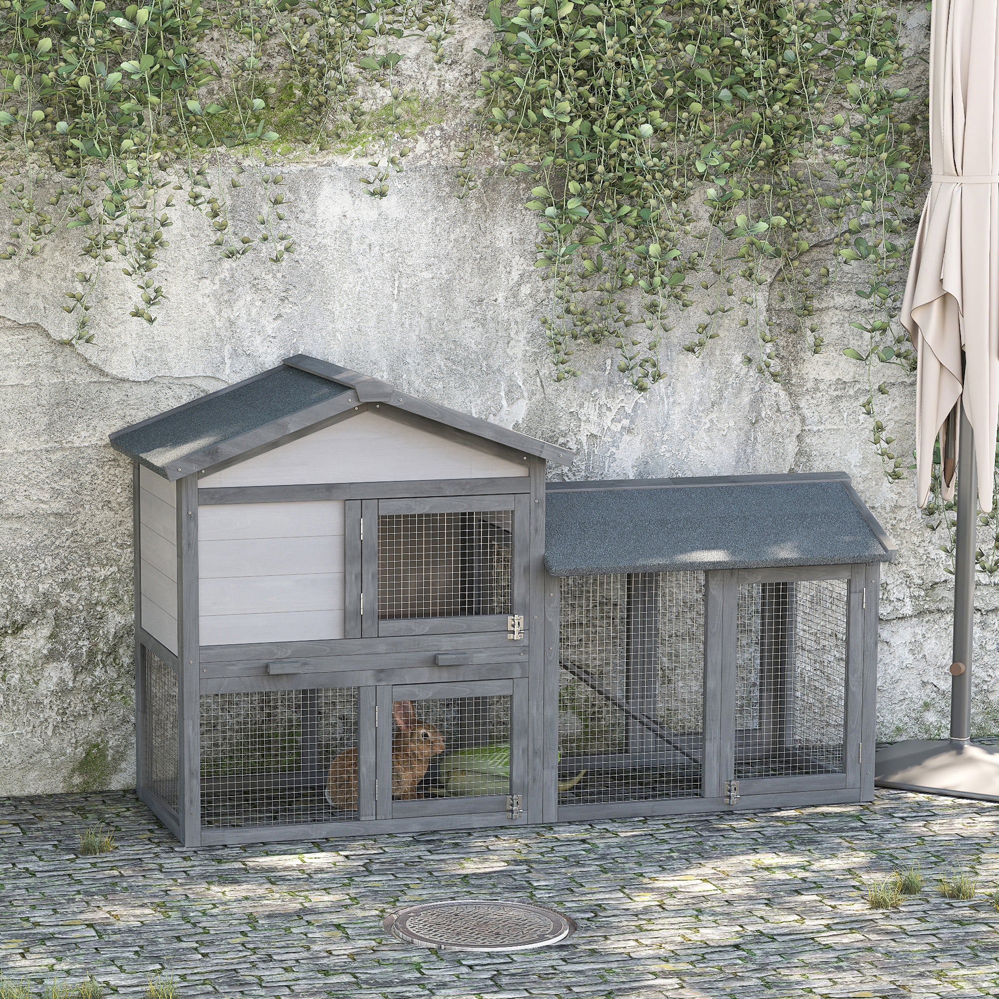 Clapier en bois pour lapin, cage extérieure pour petit animal, toit en asphalte avec rampe et enclos extérieur, gris foncé