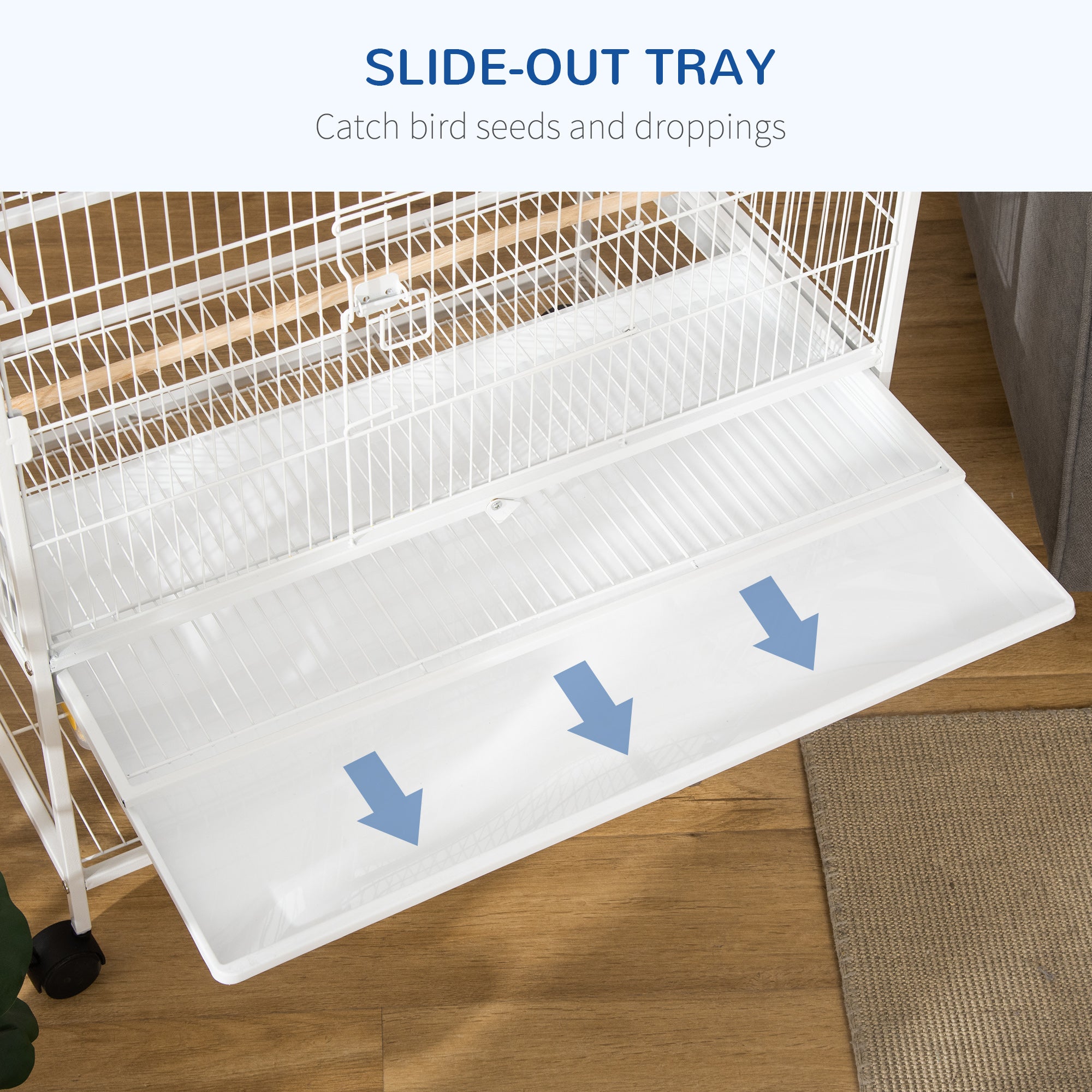 52'' Large Rolling Steel Bird Cage Bird House with Rolling Stand, Storage Shelf, Wood Perch, Food Container, White