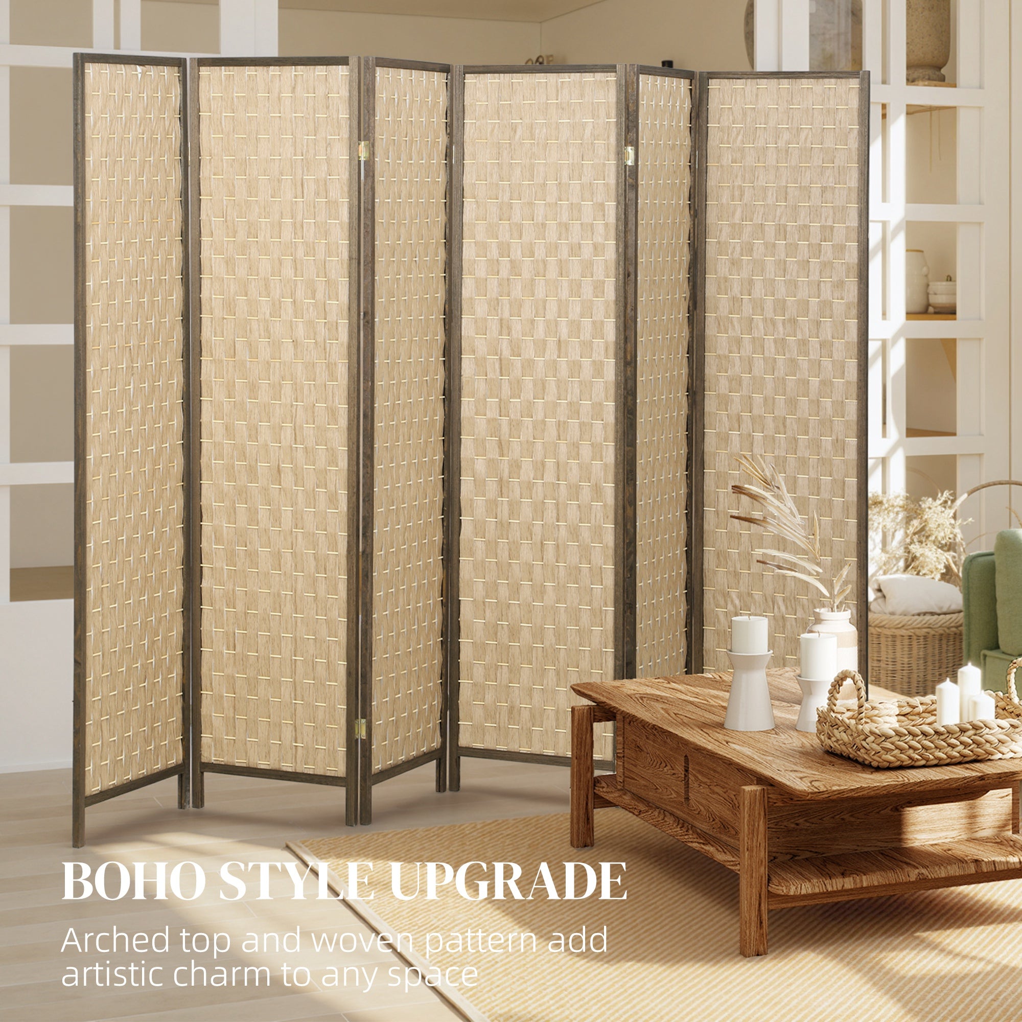 6 FT Room Divider, 6 Panel Folding Privacy Screen, Lightweight Handwoven Freestanding Partition for Home Office, Brown