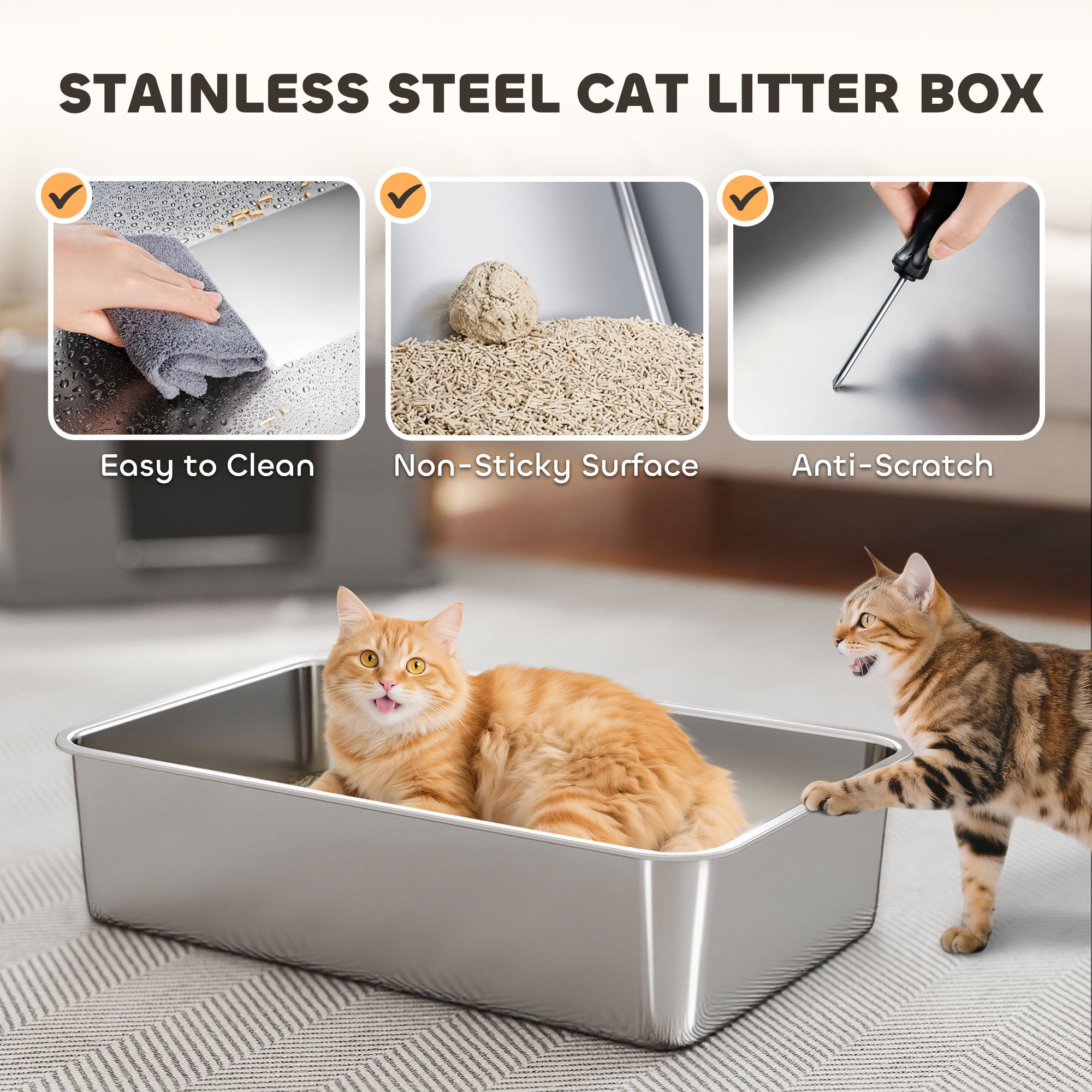 XL Stainless Steel Litter Box w/ 100° Flip Top, Scoop, Side Top Dual Entry, Odor Free, Easy Cleaning, Anti Leakage