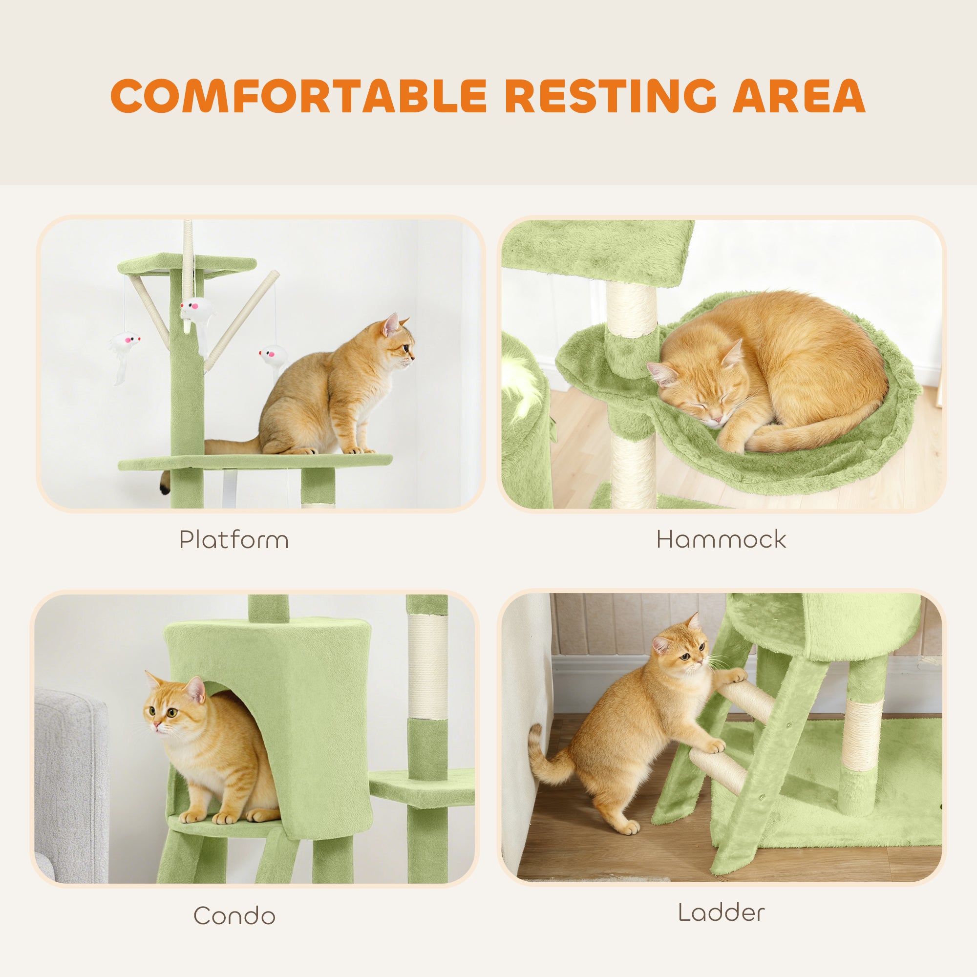 53" Cat Tree Tower, Kitten Activity Centre with Scratching Posts, Condo, Perches, Ladder, Hammock, Dangling Toys, Green