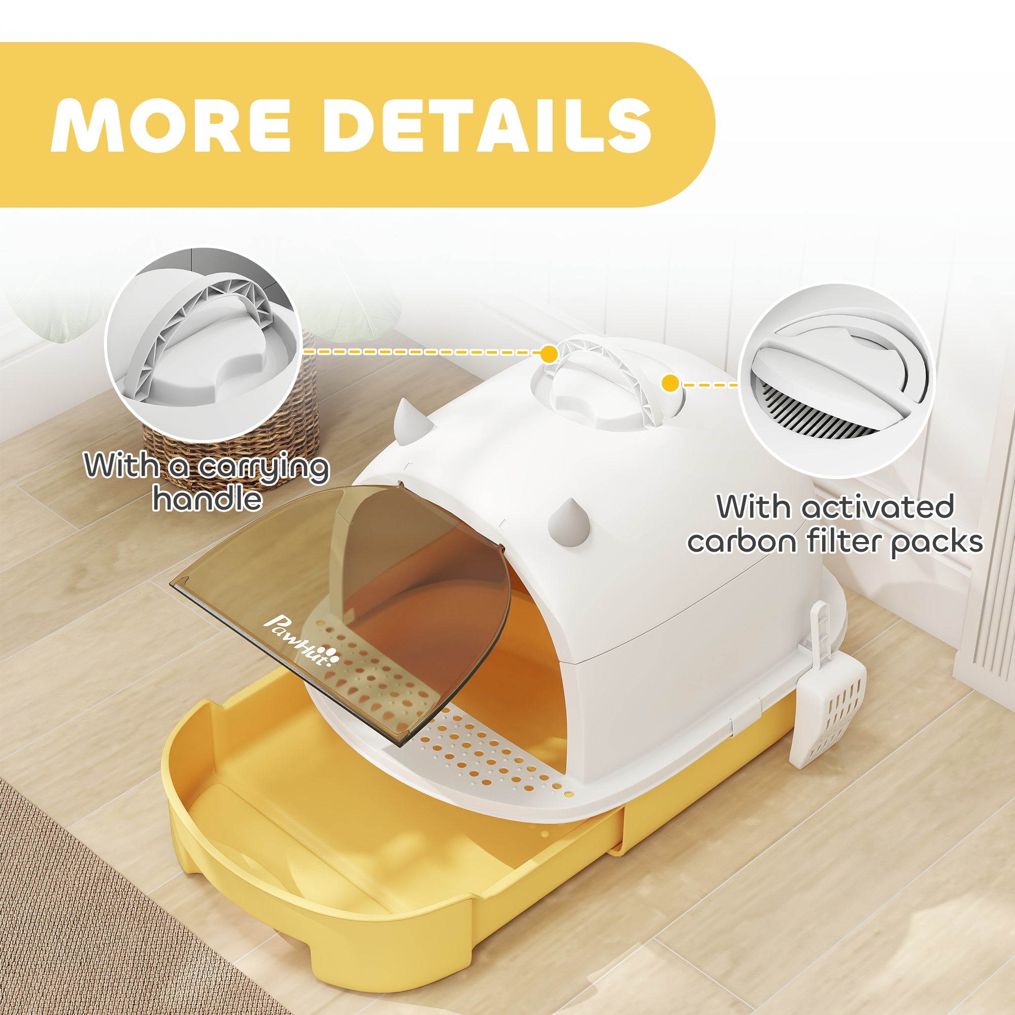Cat Litter Box with Lid, Front Door Flap, Scoop, Handle, Easy Clean, for Small and Medium Cats, Yellow