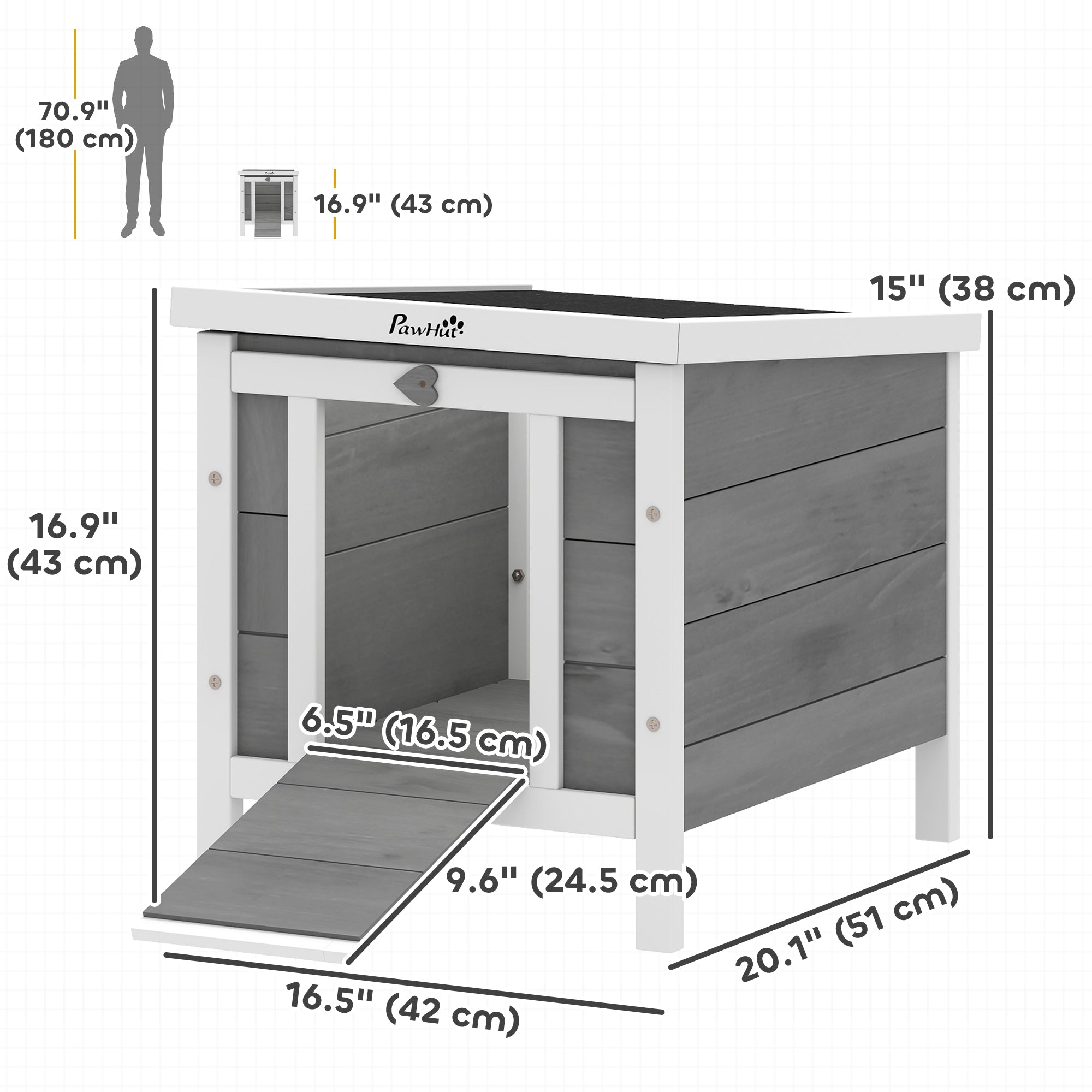 Wooden Rabbit Hutch, Bunny Cage with Waterproof & Openable Asphalt Roof, Outdoor Cat House Guinea Pig Cage Duck Shelter, Indoor Outdoor Use, 20" x 16.5" x 17", Grey