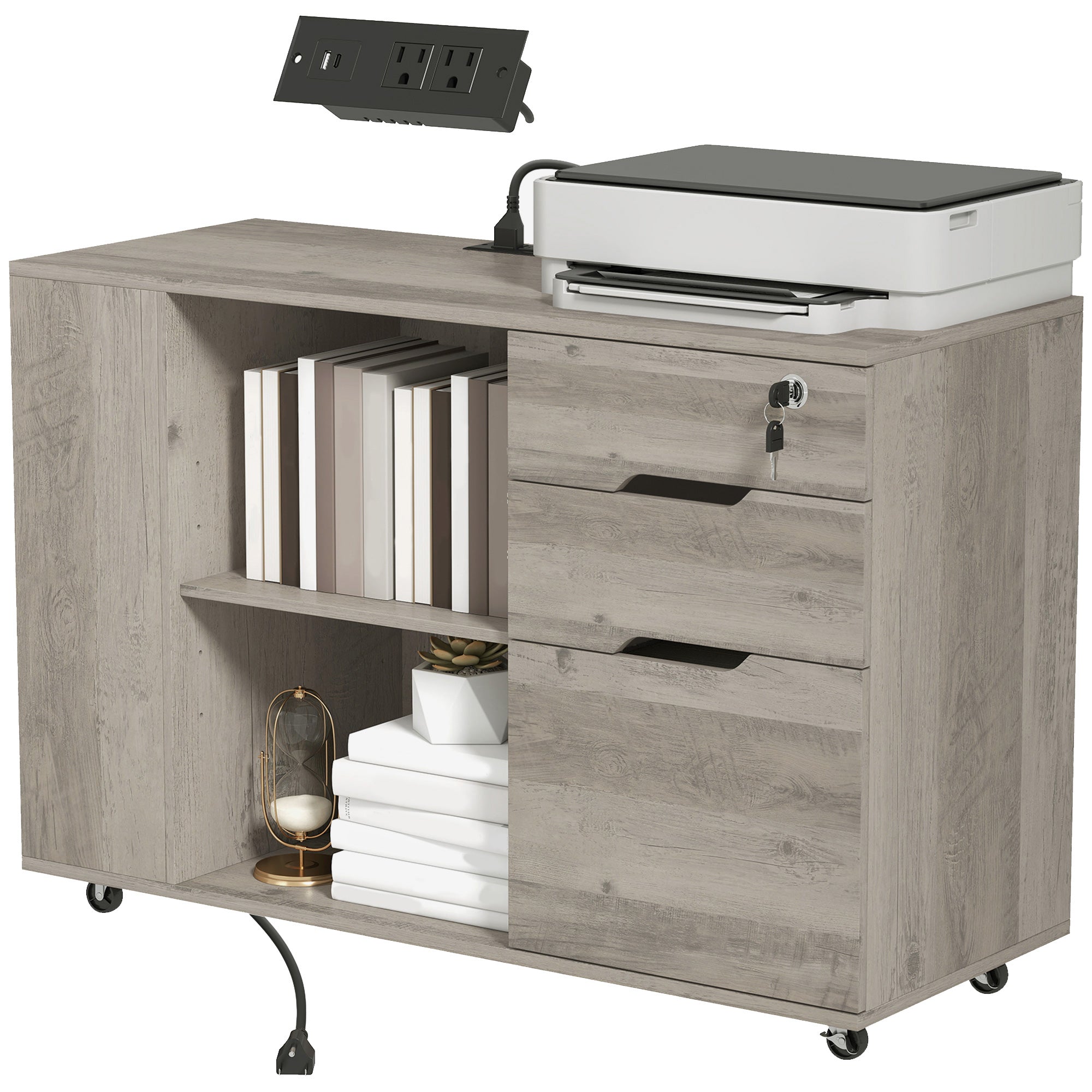 Mobile Filing Cabinet with Power Outlets - Light Gray Brown
