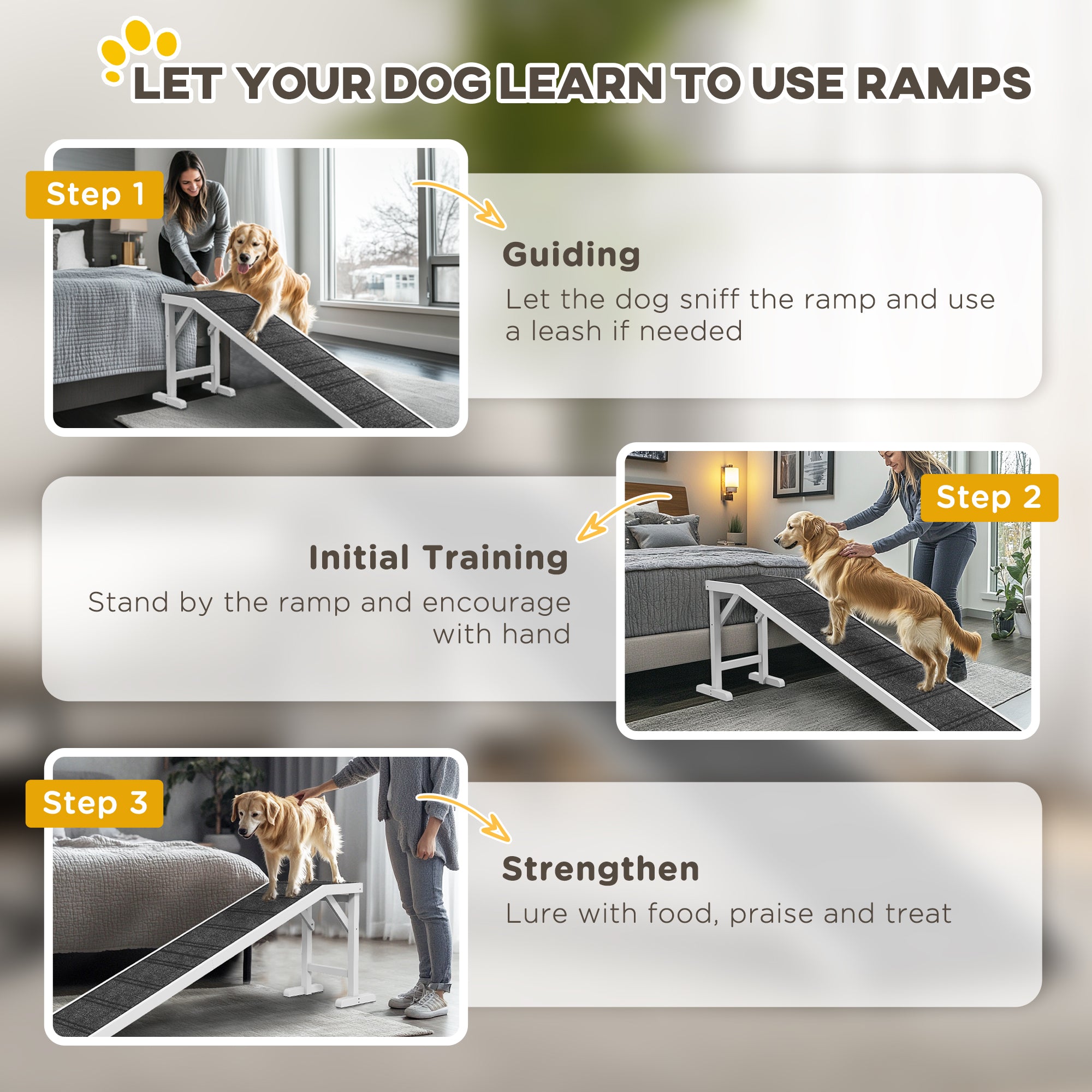 Rampe pour animaux, marches pour lit de chien avec moquette antidérapante, plateforme supérieure, 74" x 16" x 25", blanche
