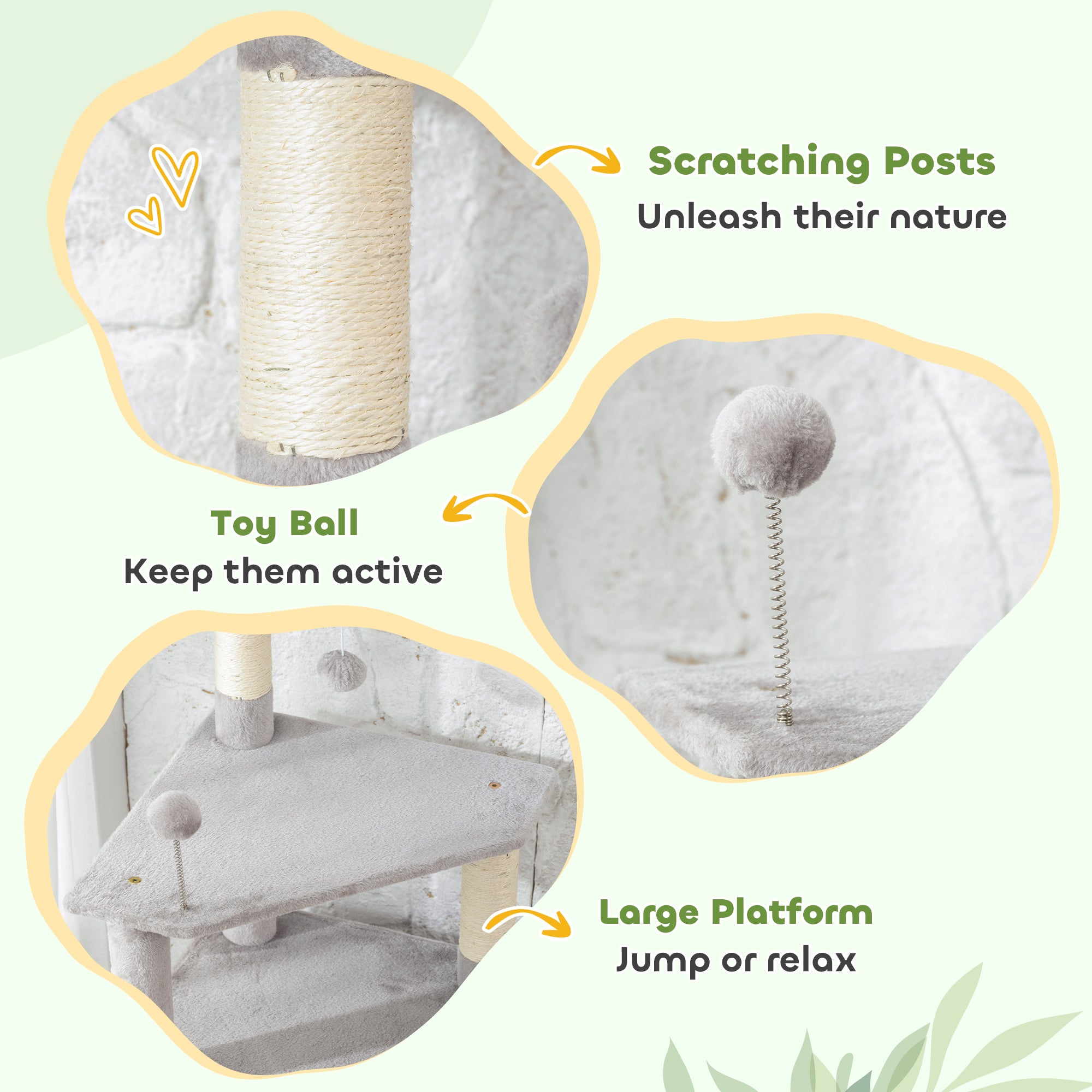 54 Inch Cat Tree with Large Condo, Top Perch, Sisal Scratching Posts, Dangling Toy Ball,Light Grey