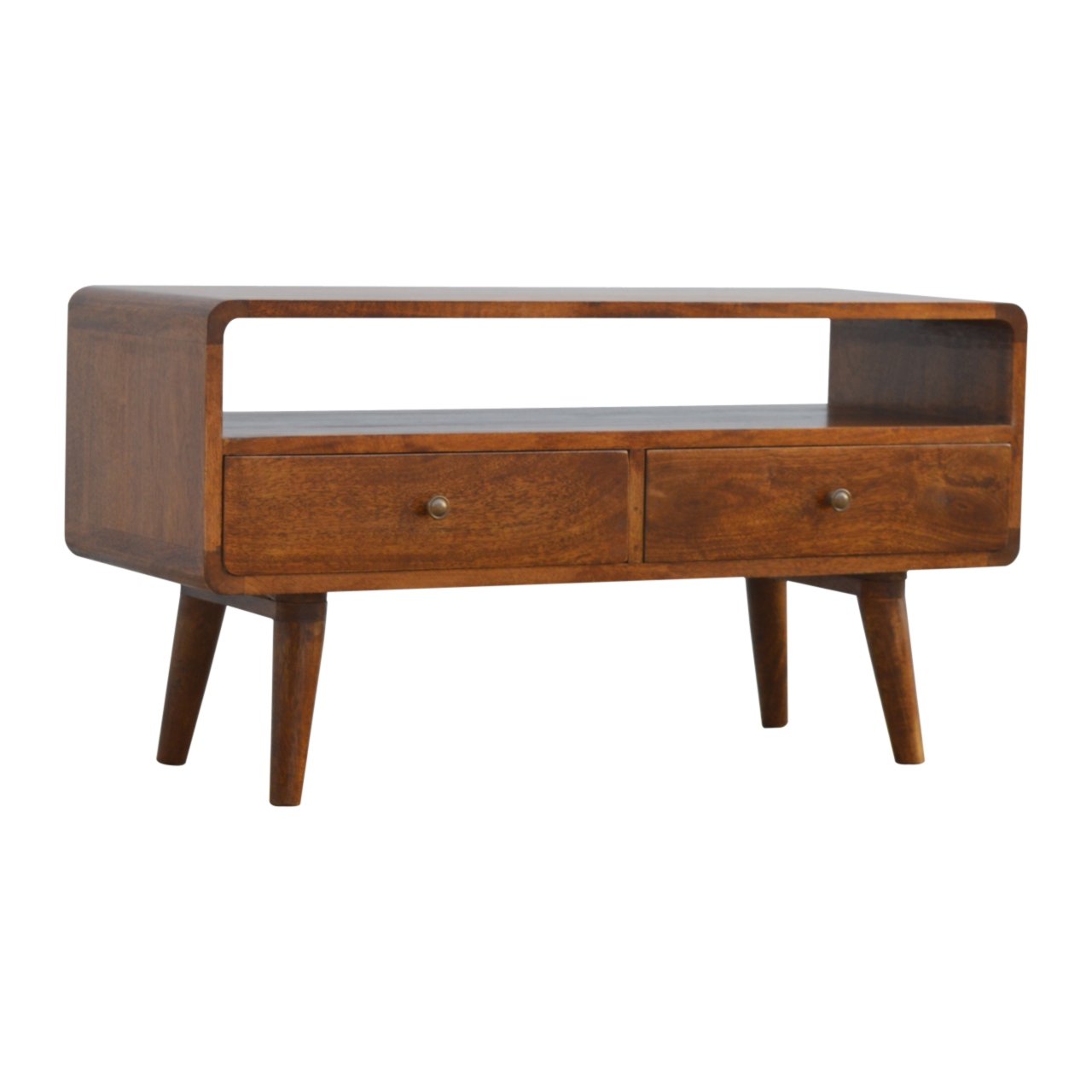Curved Chestnut Media Unit - Solid Mango Wood with 2 Drawers
