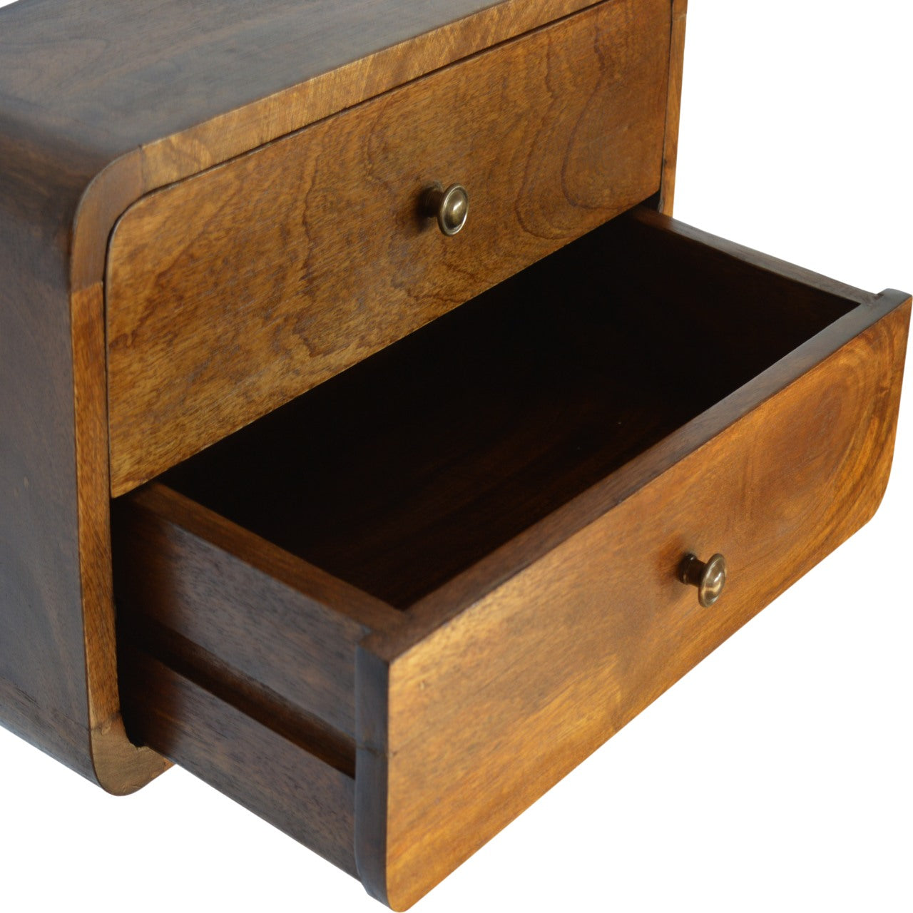 Floating Curved Chestnut Nightstand - Solid Mango Wood 2-Drawer