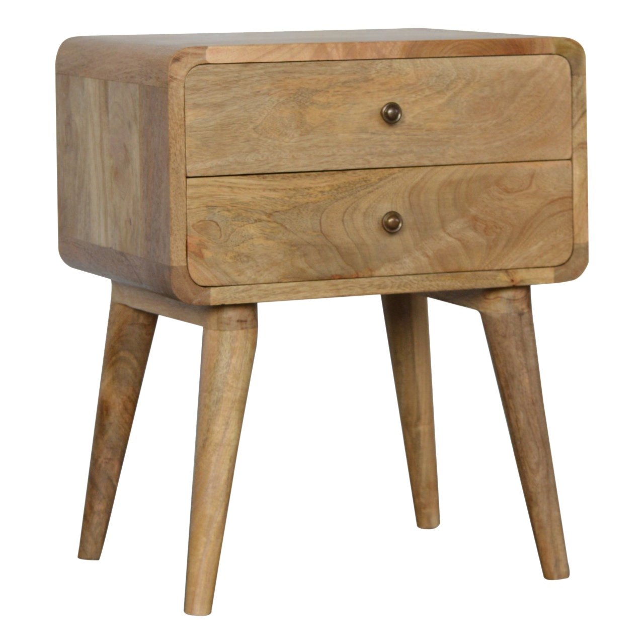 Curved 2-Drawer Nightstand - Solid Mango Wood Oak-ish Finish