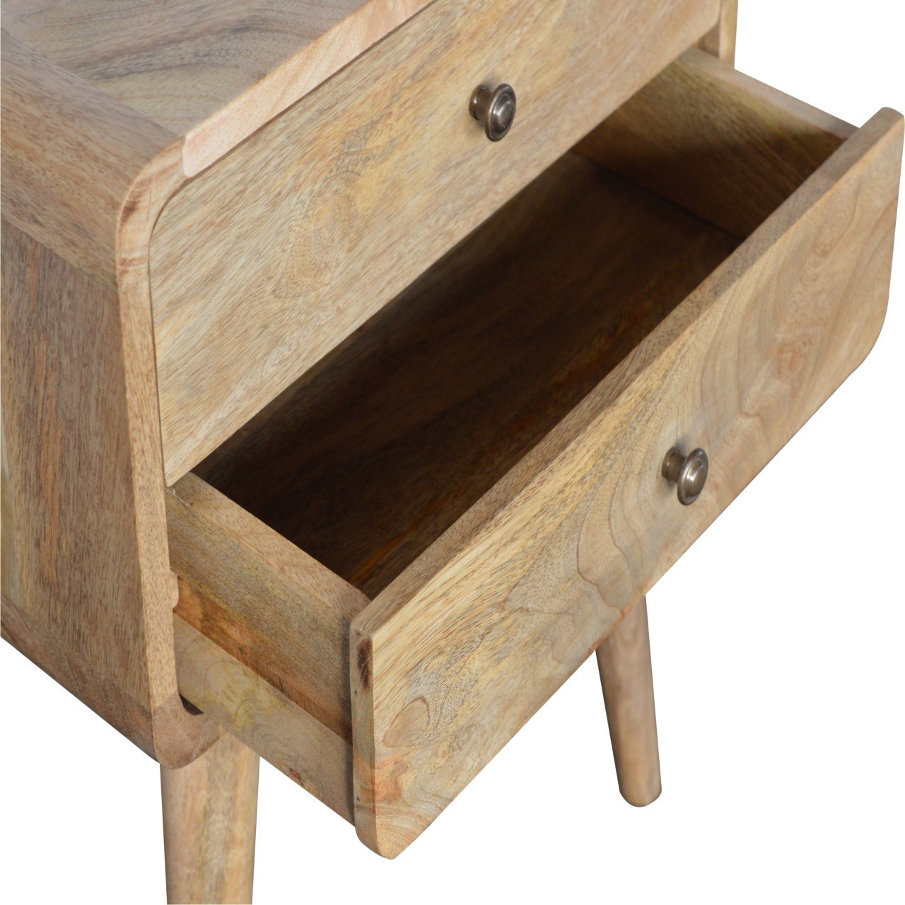Curved 2-Drawer Nightstand - Solid Mango Wood Oak-ish Finish