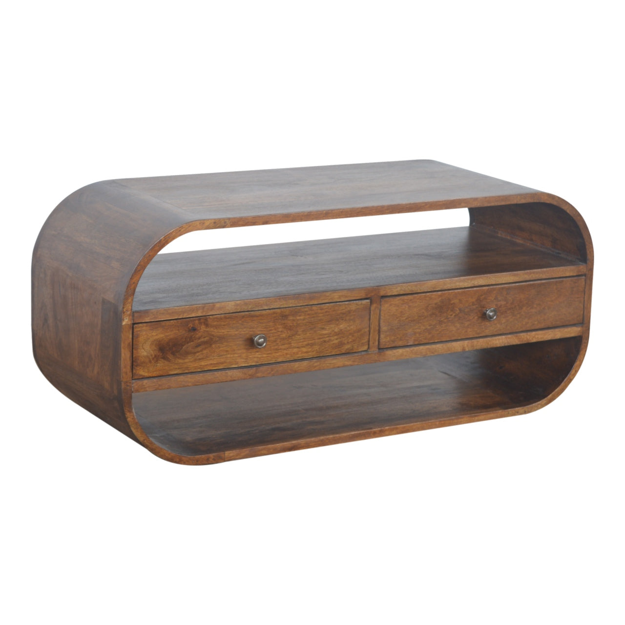 Chestnut Curved Mango Wood Media Unit with 2 Drawers