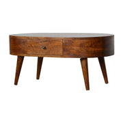 Chestnut Rounded Coffee Table - Solid Mango Wood with Drawer