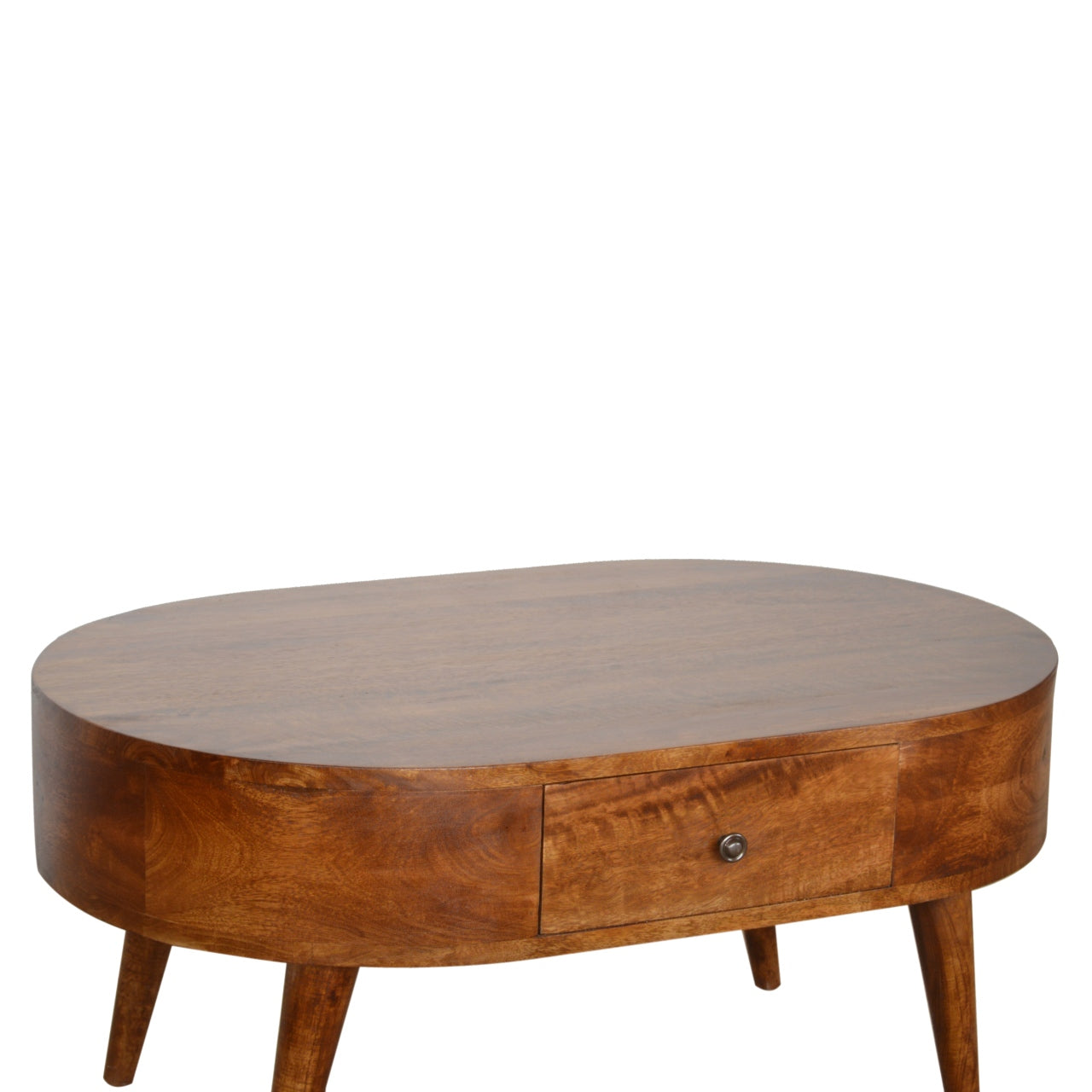 Chestnut Rounded Coffee Table - Solid Mango Wood with Drawer