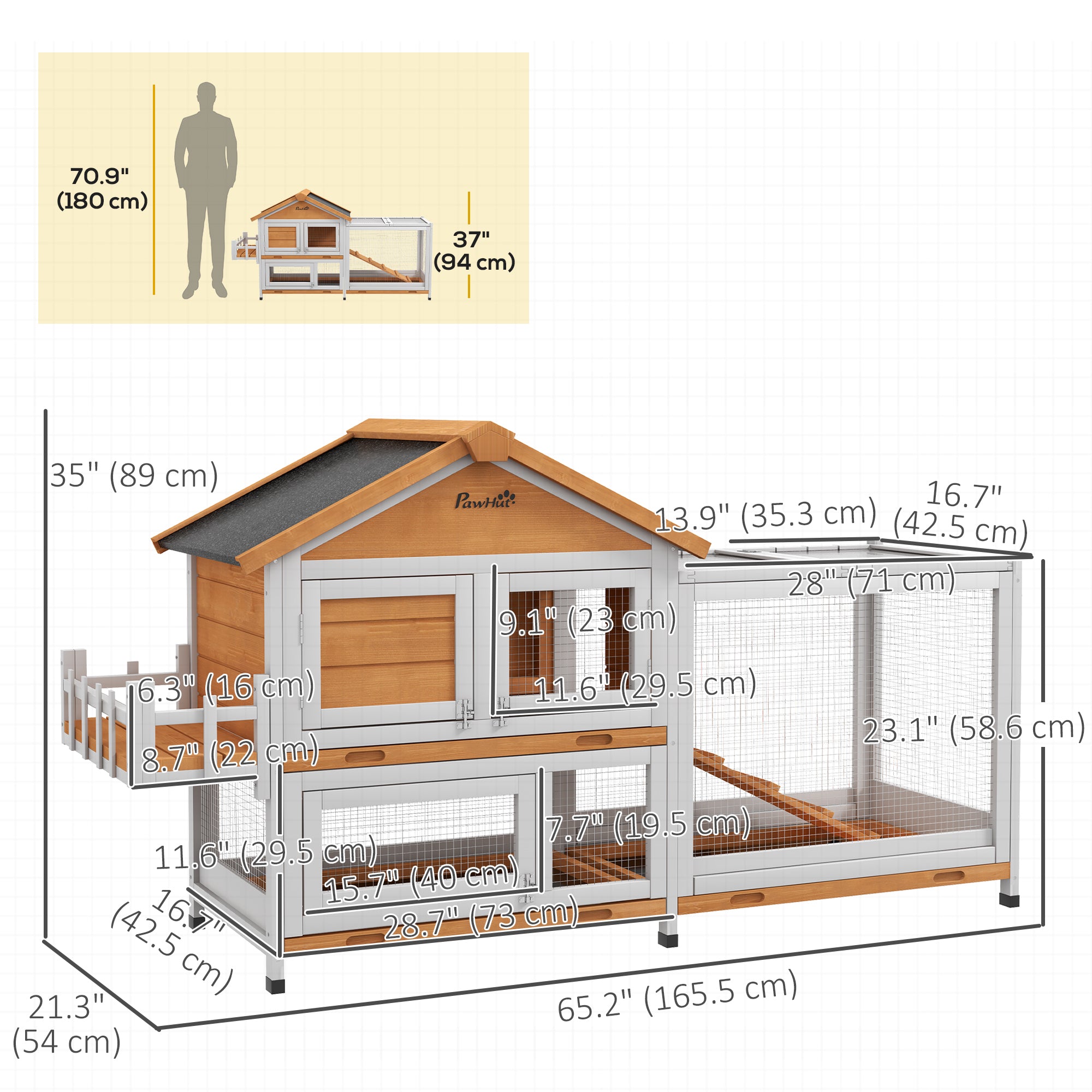 65" Wooden Rabbit Hutch, Pet Playpen with Openable Roof, Storage Box, for Rabbits and Small Animals, Yellow