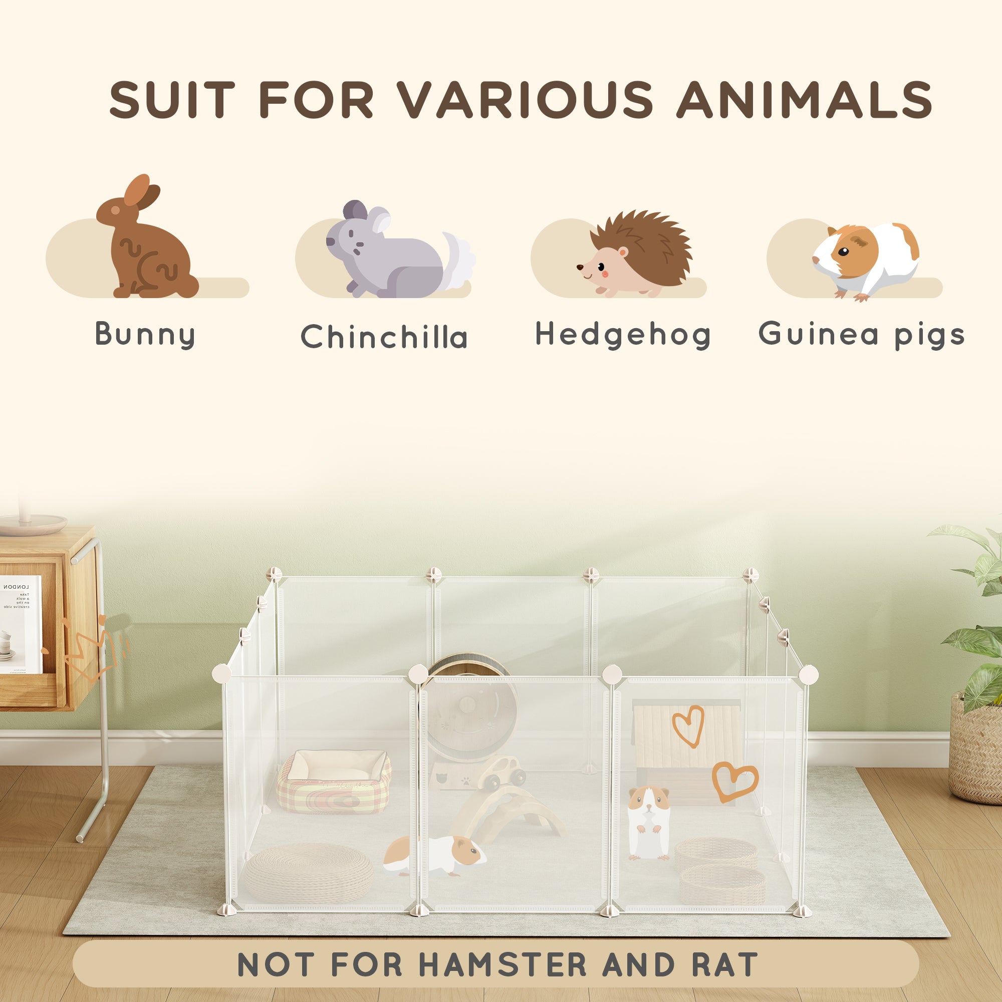Petite cage en plastique pour petits animaux, cage pour chinchilla à 12 panneaux pour cochon d’Inde, 18" x 14", blanche