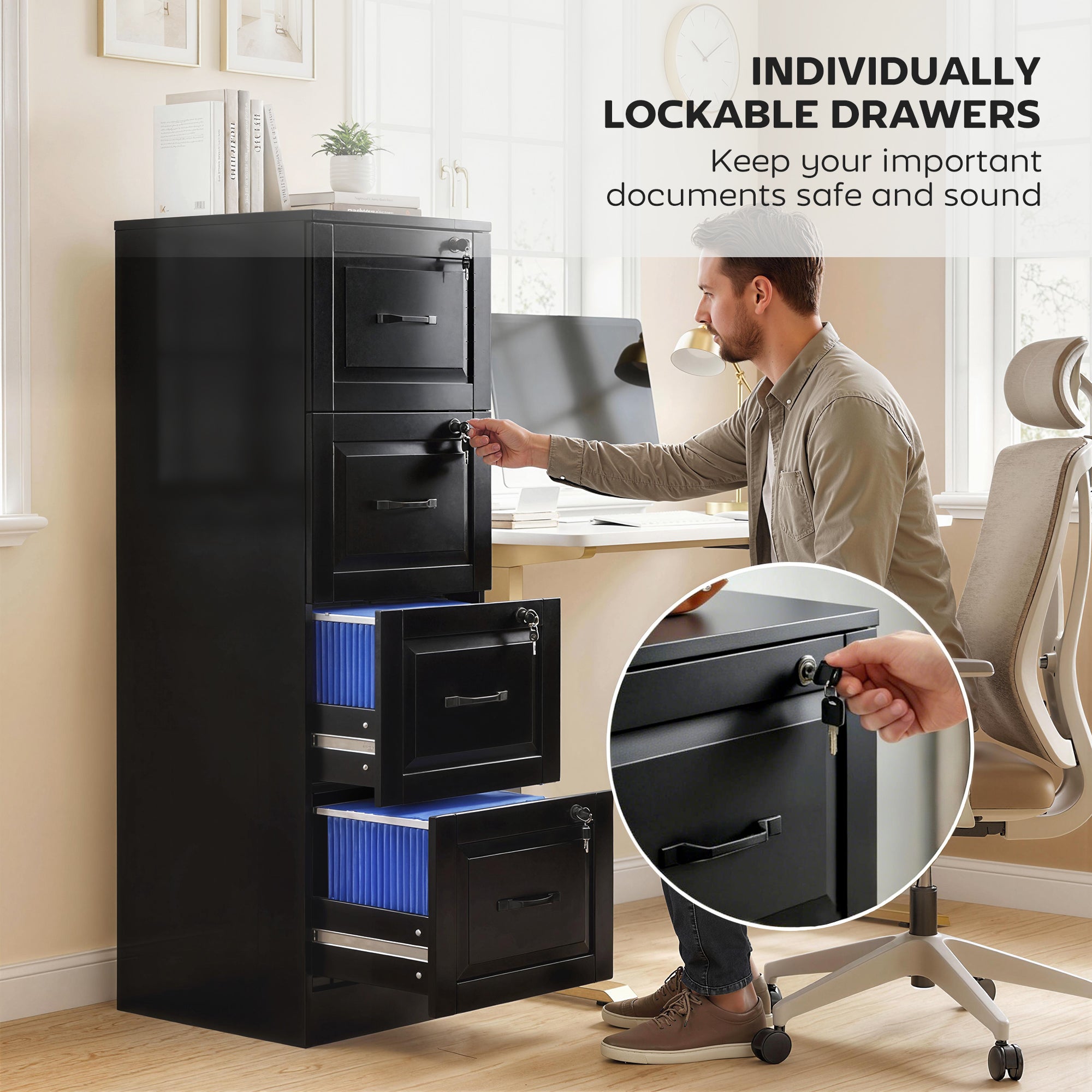 4-Drawer Vertical File Cabinet with Lock - Black MDF 52" H