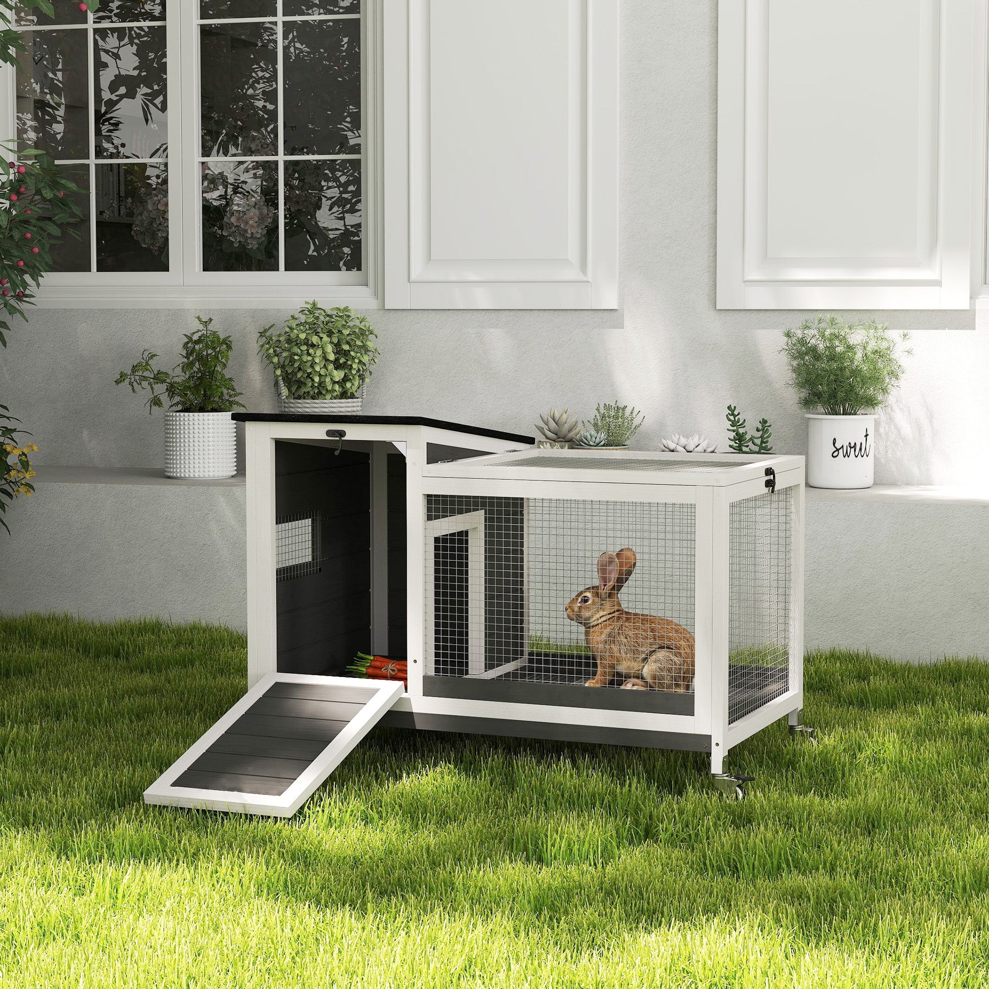 Wooden Rabbit Hutch with Pull-Out Tray, Asphalt Openable Roof, Small Animal Cage on Wheels with Run, Grey
