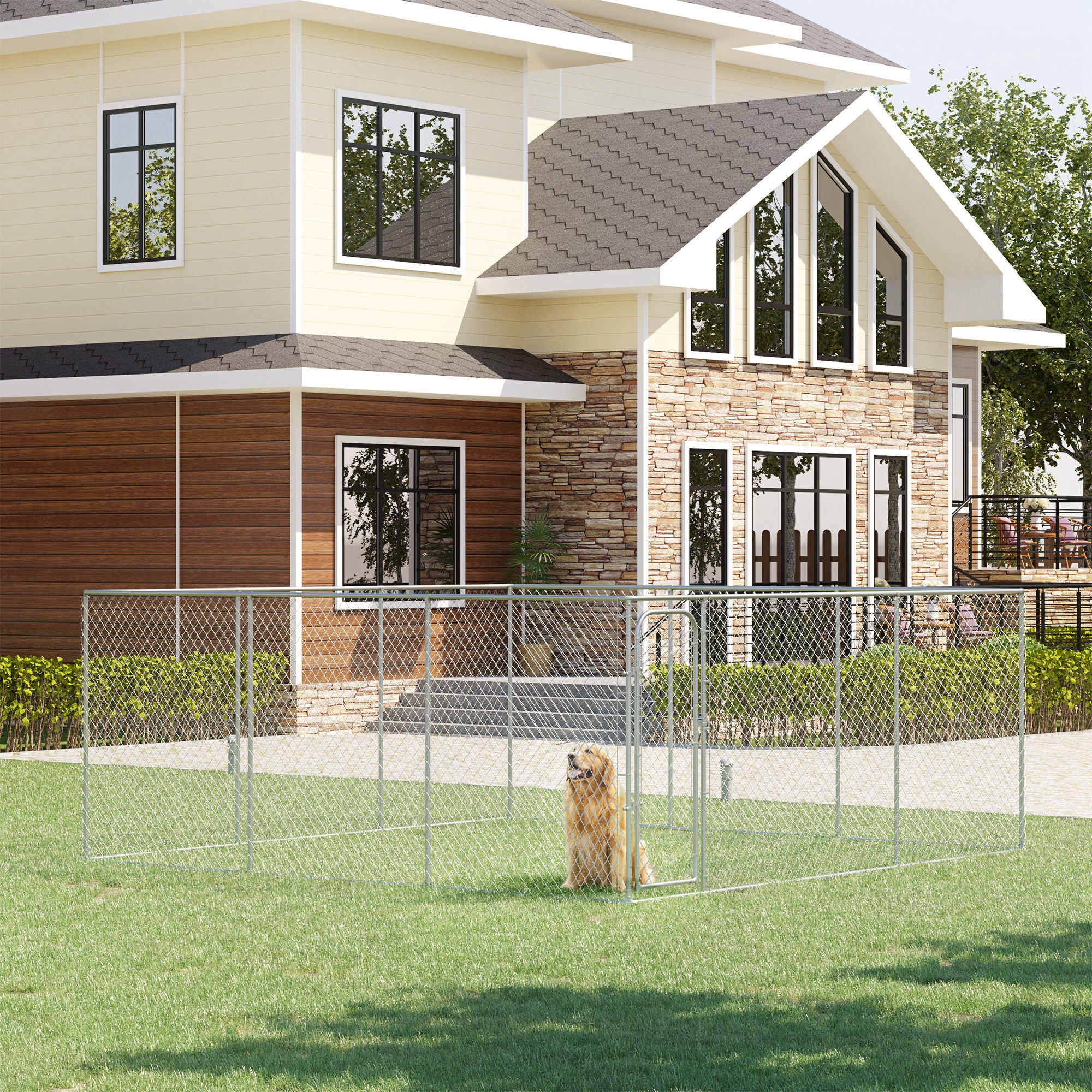 Parc pour chiens extérieur de 227.7 Sq. Ft. avec structure en acier galvanisé, pour chiens de petite et moyenne taille, 15.1' x 15.1' x 6'