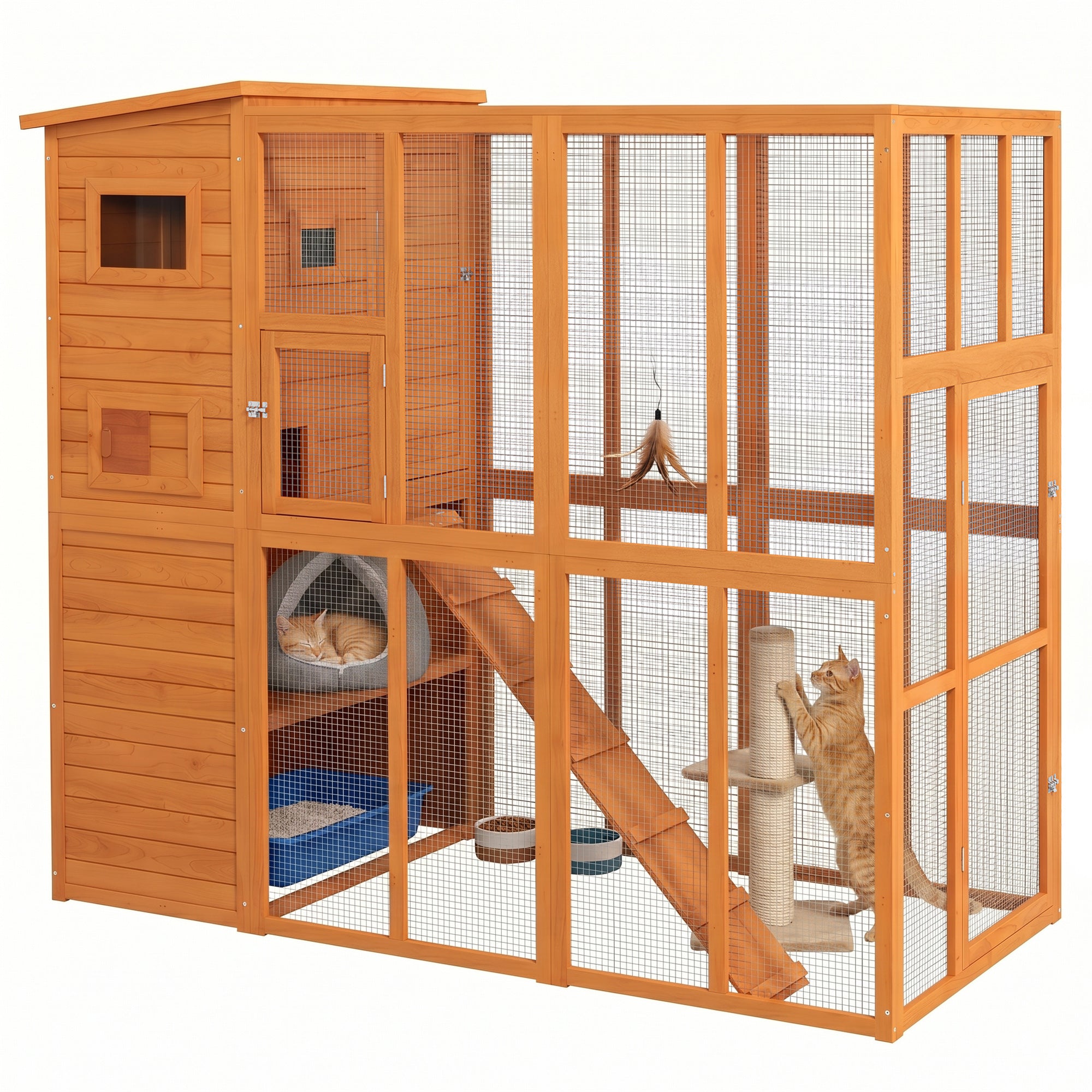 Cage pour chats en bois, hauteur de 68.75", grande taille, pour extérieur, avec grand espace de jeu, catio pour se détendre et espace condo pour dormir, finition naturelle