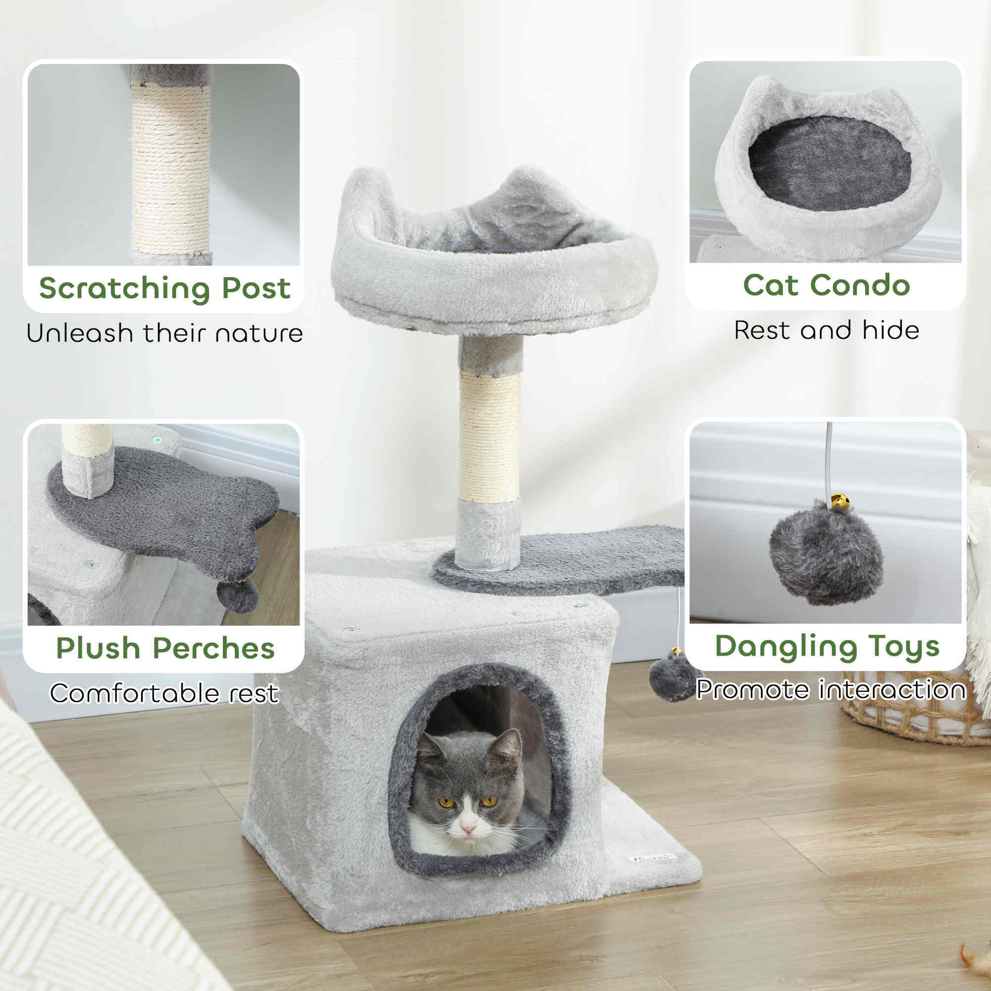 28" Cat Tree Tower with Plush Top Bed, Cozy Condo, Sisal Scratching Post, Perch, Dangling Ball, Light Grey