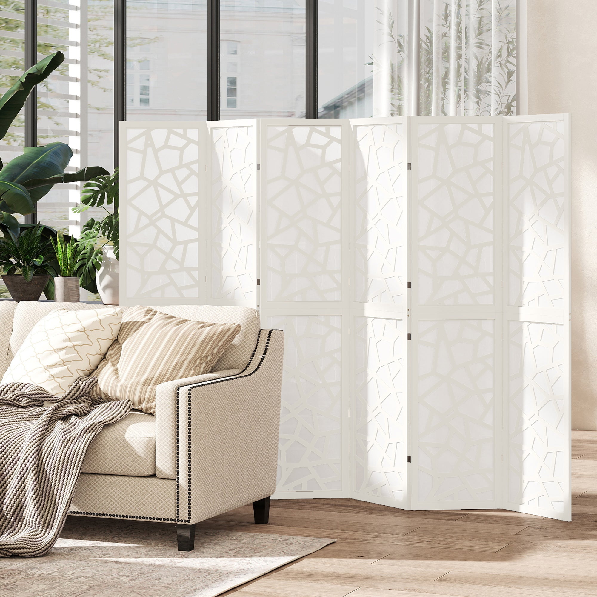 6 Panel Room Divider, 5.6 FT Lightweight Folding Privacy Screen with Geometric Pattern for Living Room, Bedroom, White