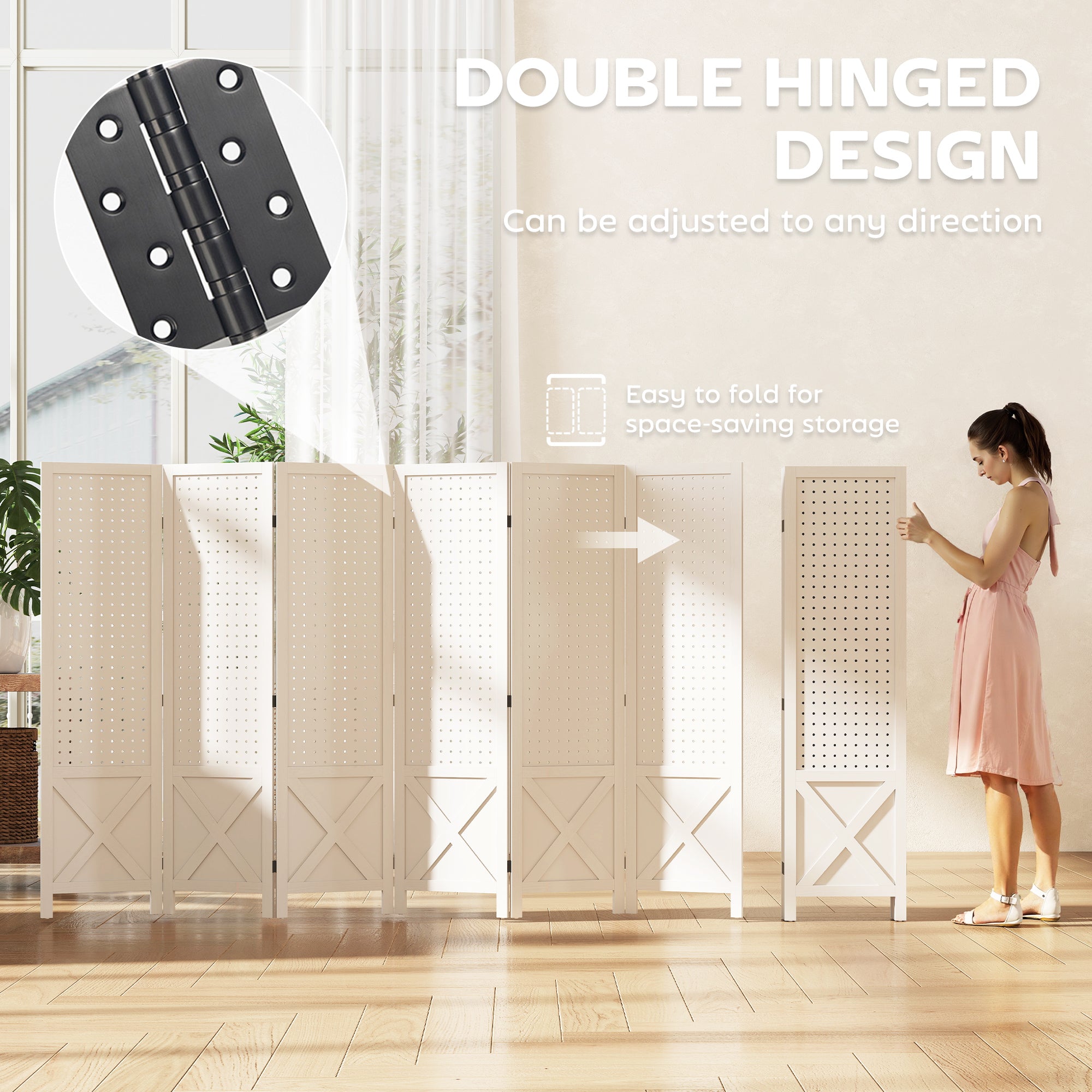 56.9" 6 Panel Wooden Room Divider with Pegboard Display, Folding Privacy Screen for Home Office, White