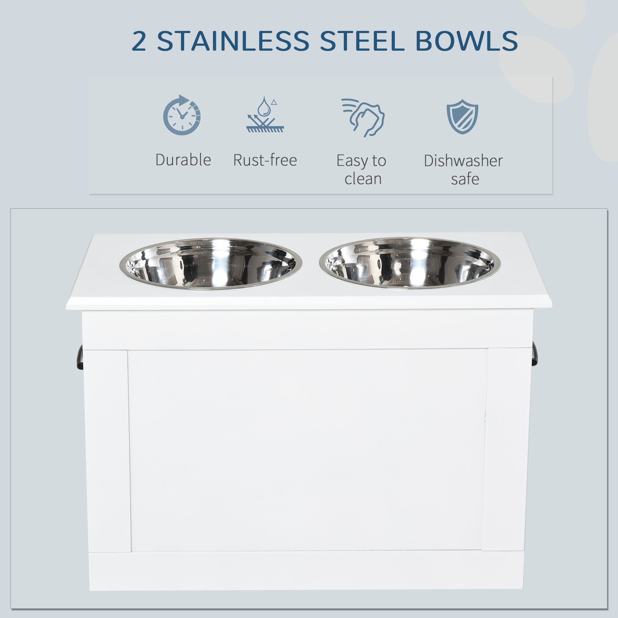 Mangeoire surélevée pour grands animaux avec rangement, fonction de coin repas pour chien, 2 gamelles en acier inoxydable, base surélevée pour grands chiens et autres grands animaux, blanche