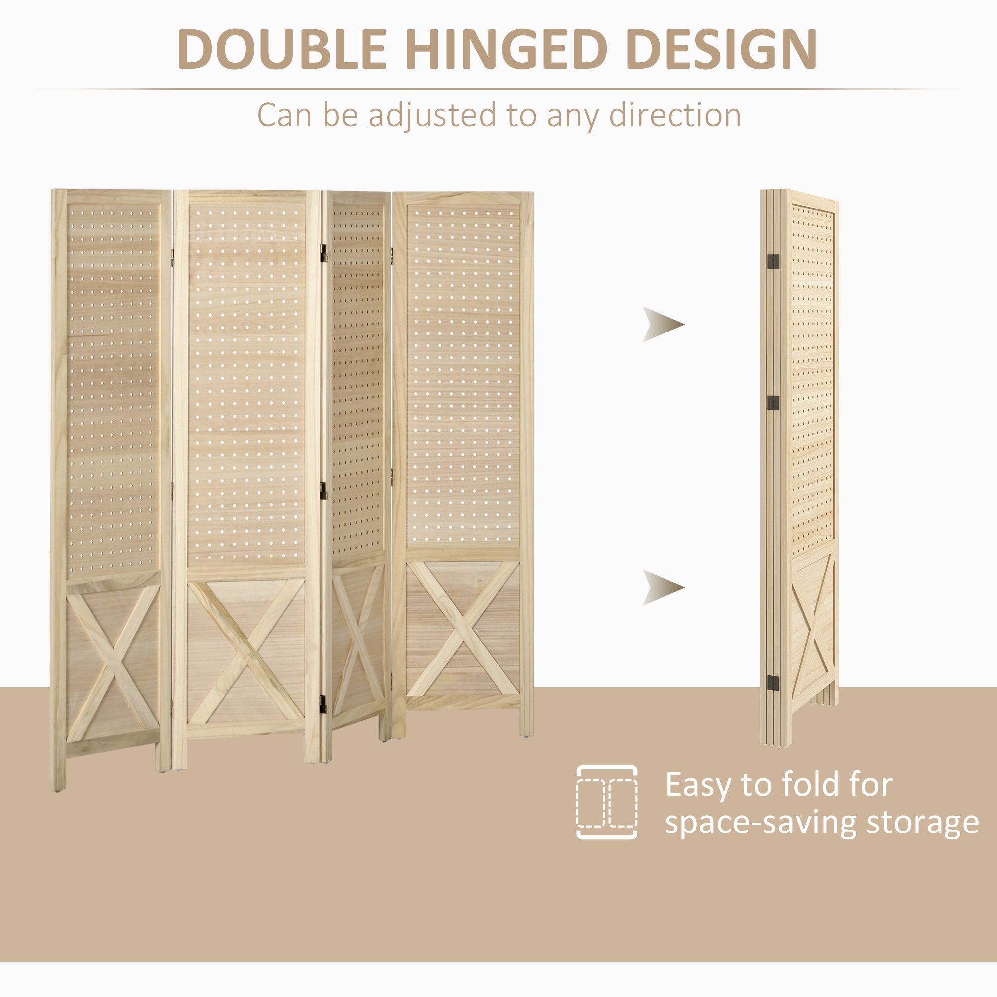 4.7' 4 Panel Wooden Room Divider with Pegboard Display, Folding Privacy Screen for Home Office, Natural