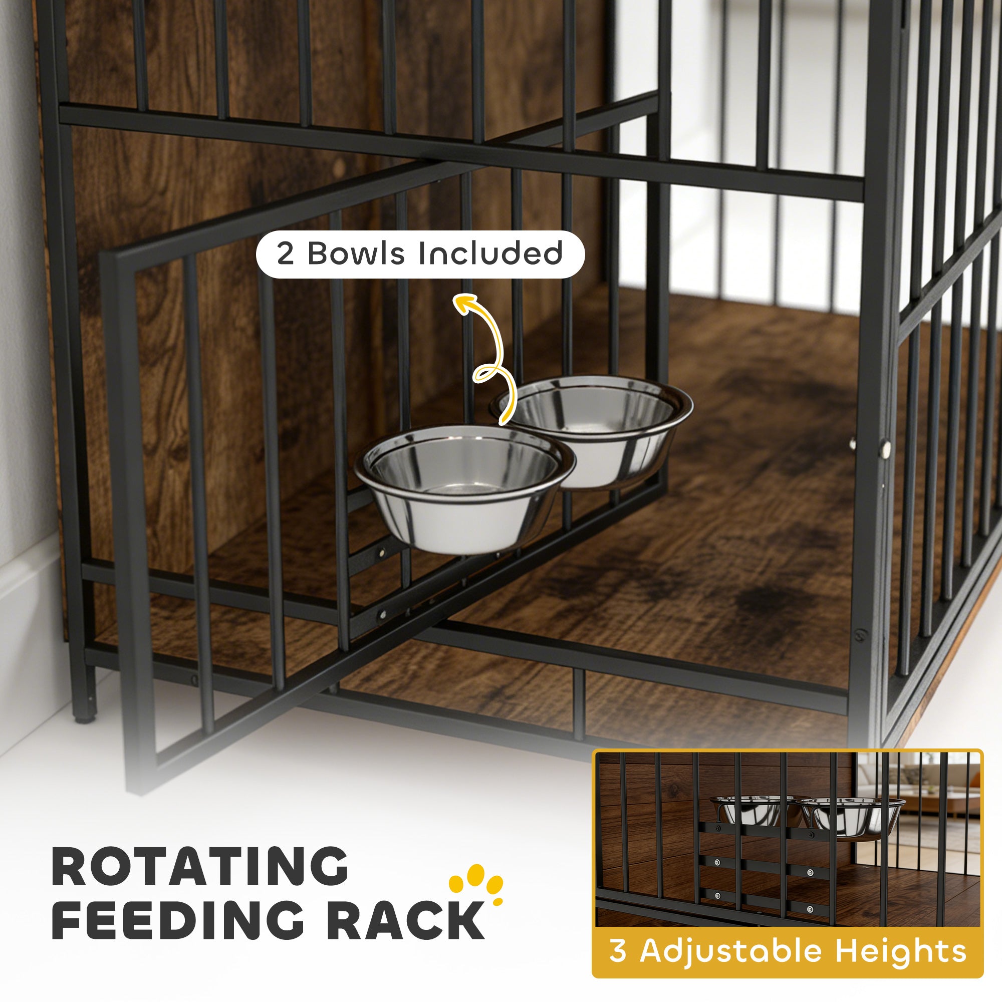 Dog Crate Furniture with Rotating Feeding Station Dog Kennel End Table Storage Shelves, Rustic Brown