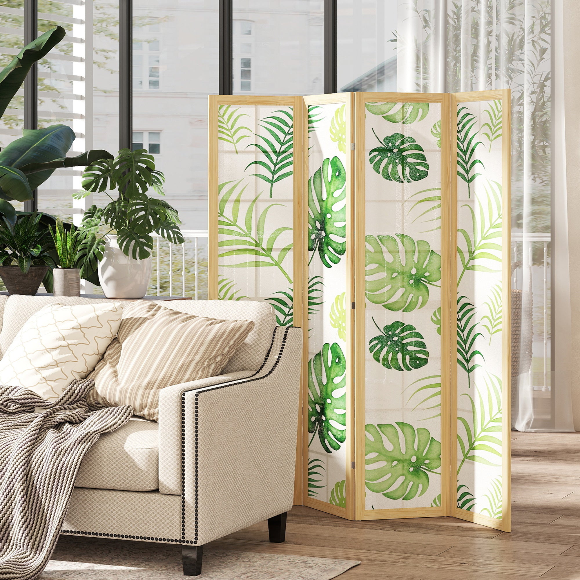 Paravent pliable à 4 panneaux, séparateur de pièce de 67" avec motif de feuilles de palmier pour le salon ou la chambre, naturel et vert